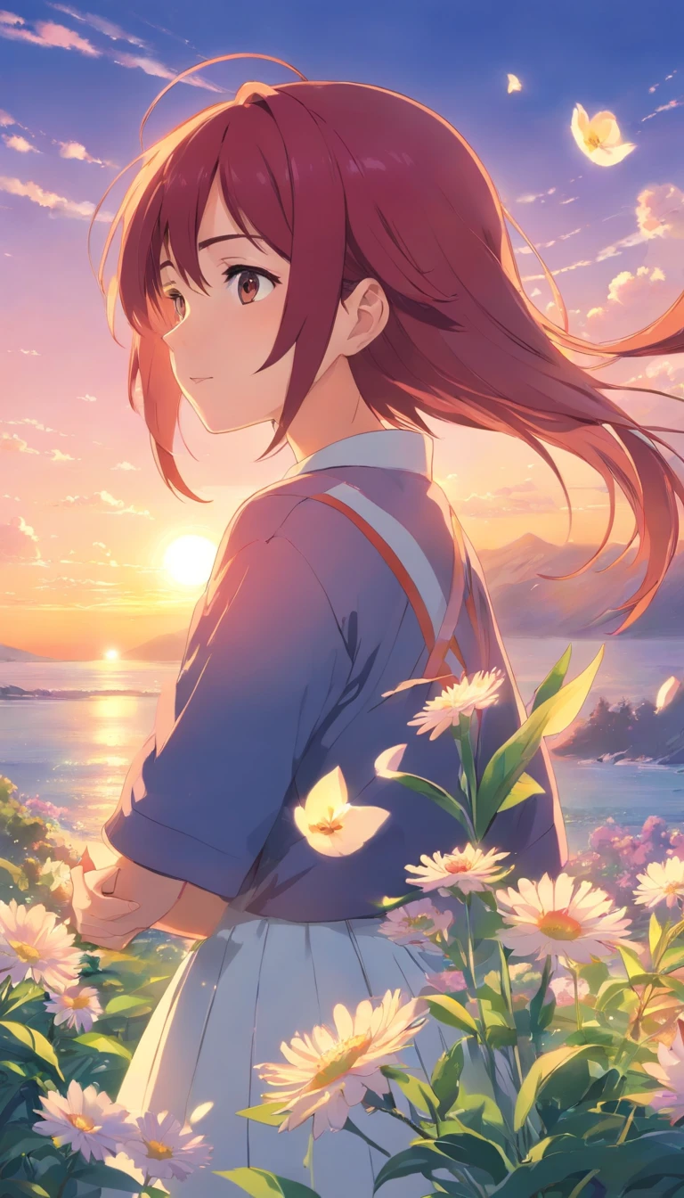 best qualtiy, tmasterpiece, 超高分辨率, realisticlying, 1 girl, With his head bowed, Holding flowers in both hands,Long red hair,Short cream white skirt,laughingly