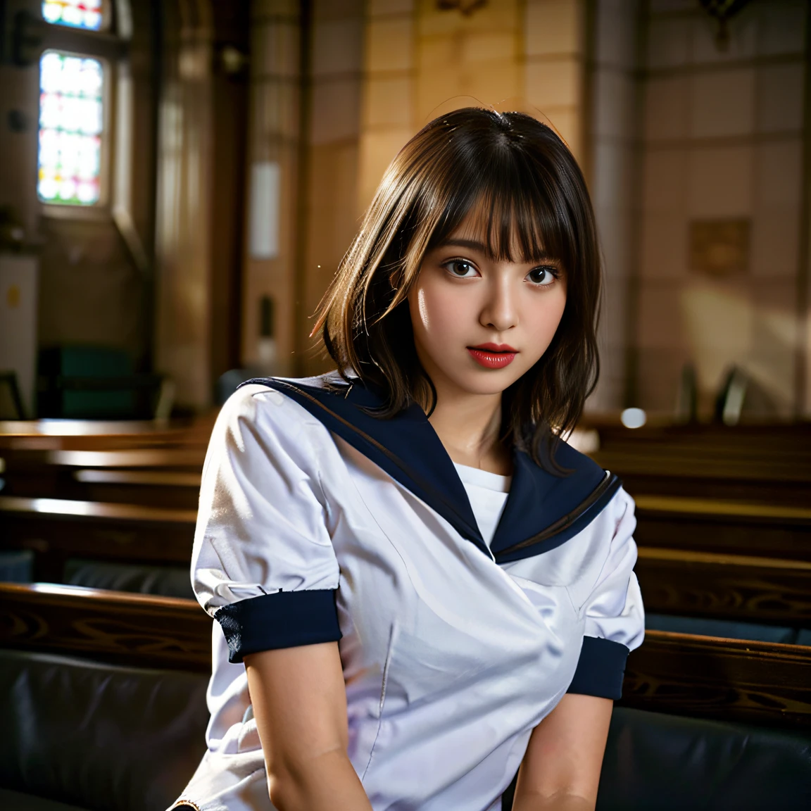 ((Two schoolgirls:1.5))、Beautiful 18 year old Japan woman, ((Two high school girls in short-sleeved white sailor suits: 1.5)), (Japan strict girls' school sailor uniform:1.5), ( Two schoolgirls sitting in a church pews:1.2), ((Beautiful and elaborate stained glass on the background: 1.5)), ((1screen)), 8K, RAW shot, top quality photo, ​masterpiece, Amazing realism photos, ((Anatomically correct proportions: 1.5)), ((perfectly proportions)), Cute woman like an idol in Japan, Detailed face, Detailed eyes, Narrow Nose, Detailed hands and fingers , detailed arms, Detailed skin, Detailed legs, short torso, Slender body, (shiny long hair: 1.5), ((Big breasts that seem to break through the uniform: 1.5)), (Body Fit Sailor Suit:1.5)、(High school girls staring at each other:1.5)、(Schoolgirl with long and short hair:1.5)、((Hugging and kissing:1.2))