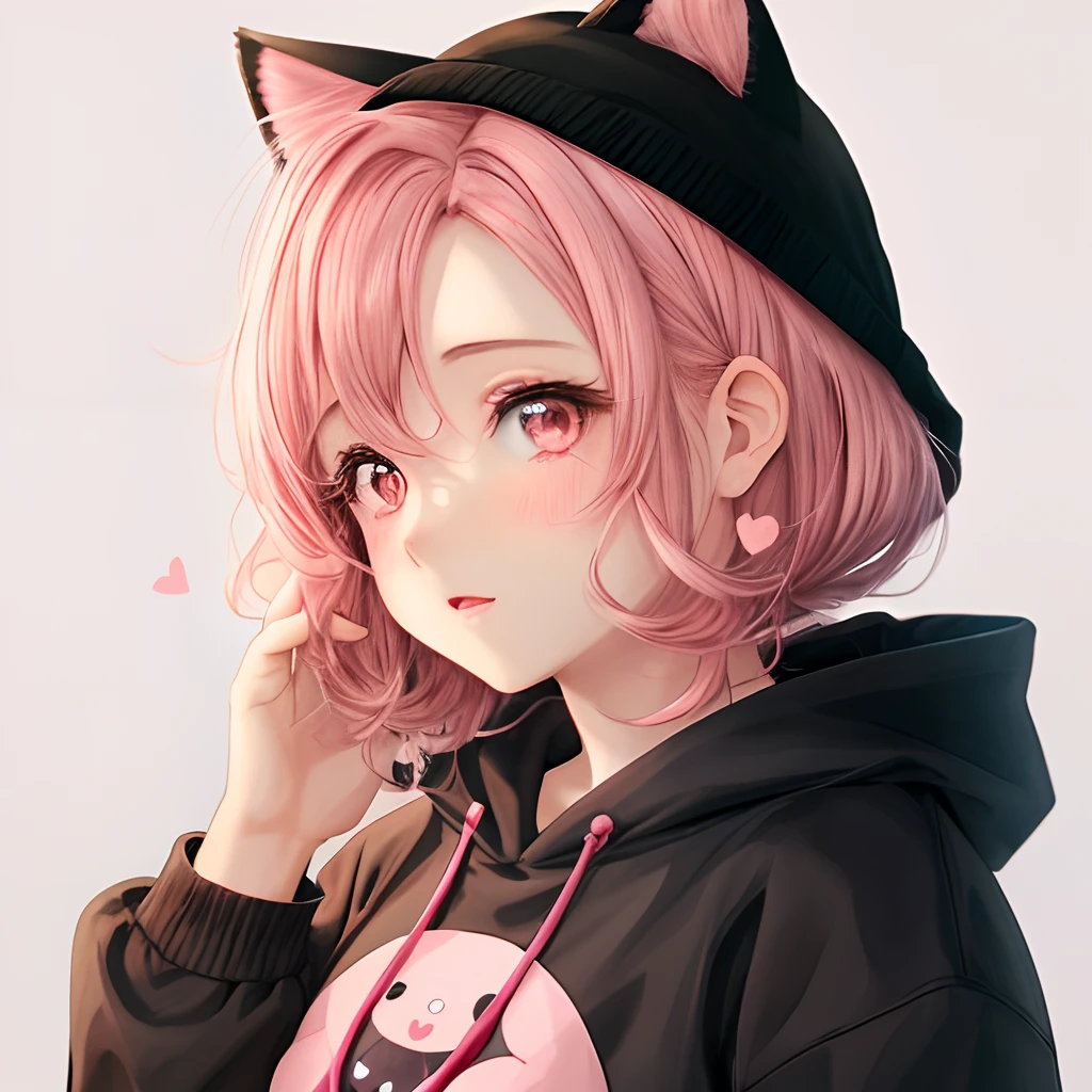imagem de um personagem de anime para foto de perfil, com cabelo cor-de-rosa, olhos cor-de-rosa, moletom preto grande, bochechas cor-de-rosa bonito, Orelhas de gatinho, Background with hearts