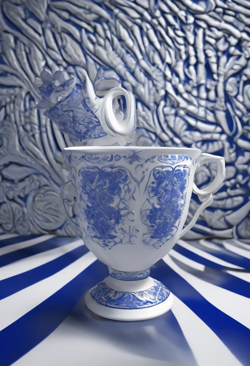 Blue and white porcelain,ceramics,Mugs, anaglyph,artwork of a,Ornaments, high detail,3D, Chiaroscuro, Cinematic lighting, god light, Cinematic lighting, hyper HD, High details, Best quality, A high resolution, Textured skin