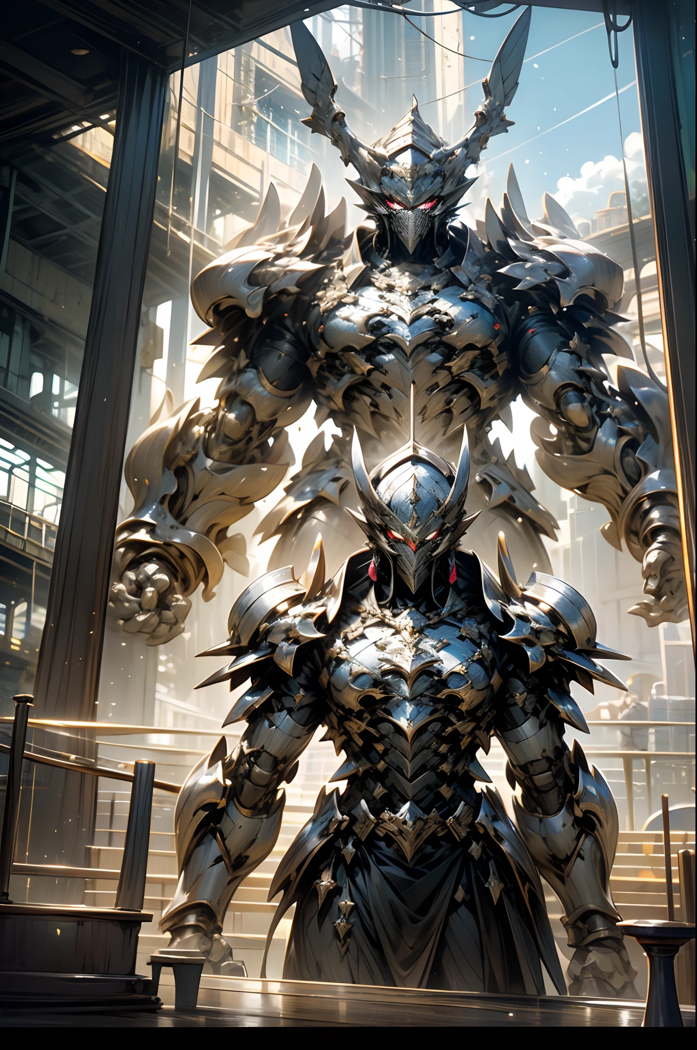 The magnificent city, high-rise buildings tower, light shimmering on the glass curtain wall, the center of the city is a gorgeous sanctuary, majestic minarets stand in the sky, exuding a sacred atmosphere, knights patrol the streets of the city, armor reflects the city lights,