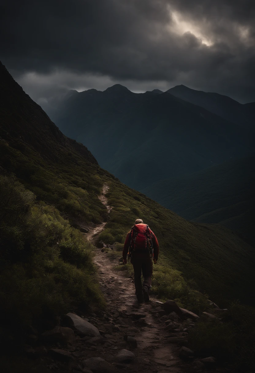 In a cinematic image, capture a lone hiker on a rugged mountain trail during a stormy night. The path is treacherous, and the hiker is drenched, but their determined face is illuminated by the beam of a flashlight. Amidst the darkness, emphasize the perseverance and strength of the hiker, symbolizing the journey through adversity, Cinematic Photography, low-key lighting, and dramatic contrast to depict the struggle and resilience, --ar 16:9 --v 5