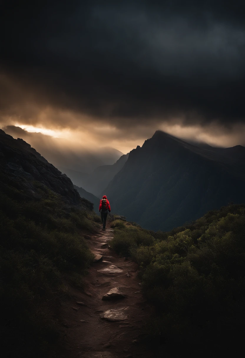 In a cinematic image, capture a lone hiker on a rugged mountain trail during a stormy night. The path is treacherous, and the hiker is drenched, but their determined face is illuminated by the beam of a flashlight. Amidst the darkness, emphasize the perseverance and strength of the hiker, symbolizing the journey through adversity, Cinematic Photography, low-key lighting, and dramatic contrast to depict the struggle and resilience, --ar 16:9 --v 5