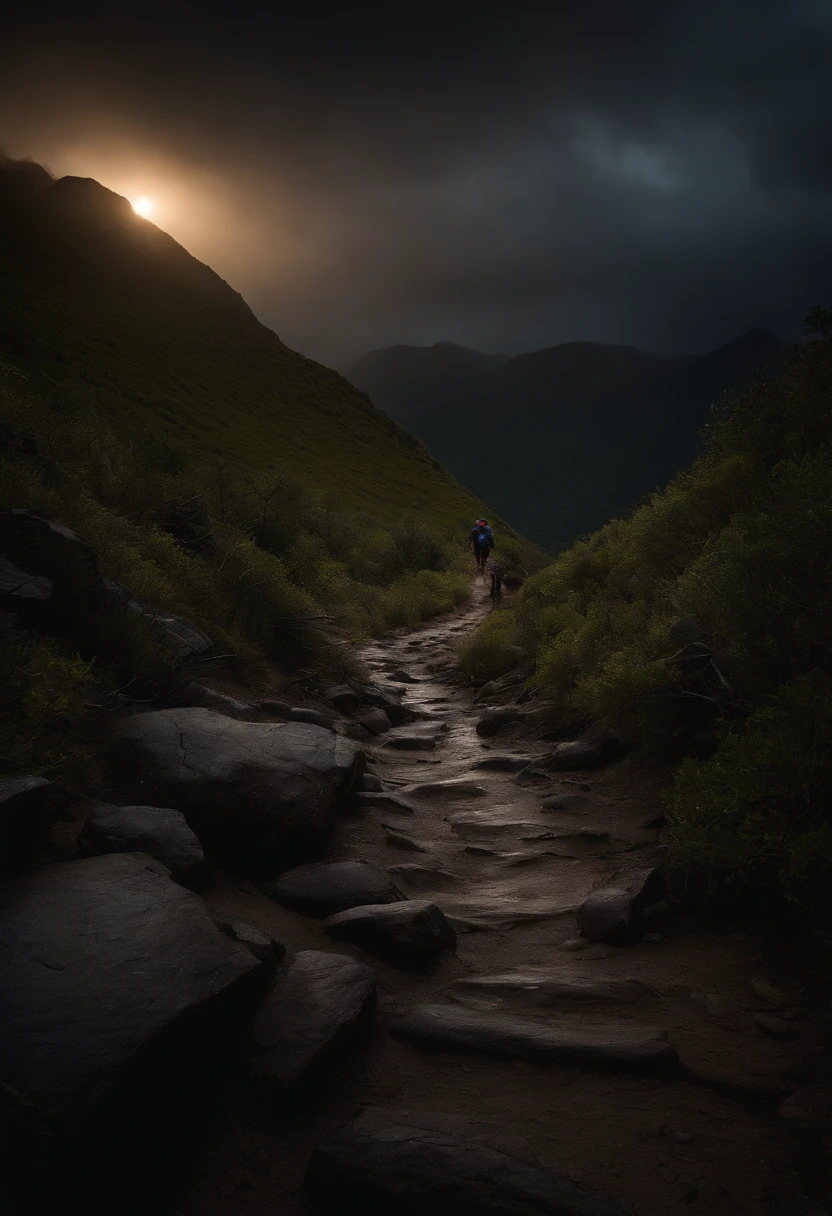 In a cinematic image, capture a lone hiker on a rugged mountain trail during a stormy night. The path is treacherous, and the hiker is drenched, but their determined face is illuminated by the beam of a flashlight. Amidst the darkness, emphasize the perseverance and strength of the hiker, symbolizing the journey through adversity, Cinematic Photography, low-key lighting, and dramatic contrast to depict the struggle and resilience, --ar 16:9 --v 5