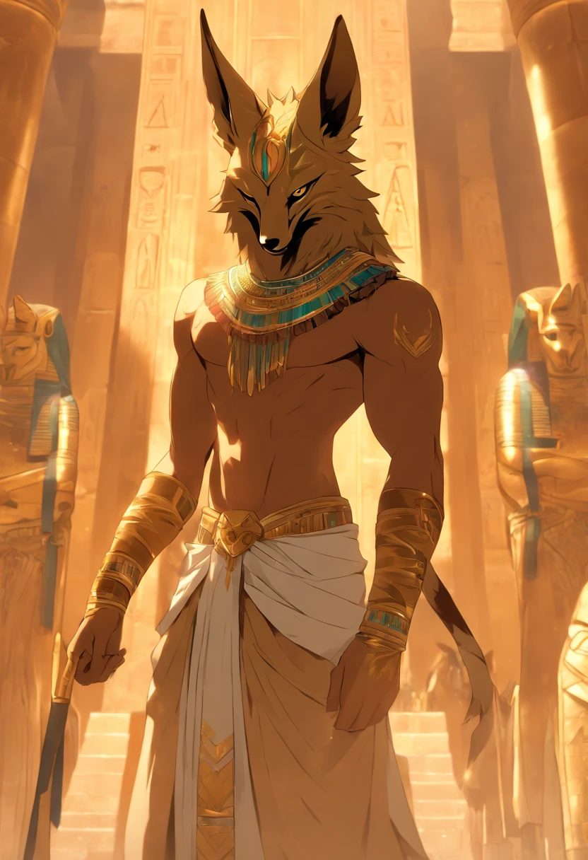 (((Man body and jackal head))) best quality, very high resolution, 4K detailed CG, masterpiece, Egyptian mythology, Anubis, sun in the background, Ancient Egypt, standing pose, jackal head, clothes white, Egyptian clothes, Egyptian temple, desert, Ancient Egypt, ((jackal head, man's body)), Egyptian palace, aesthetics, beautiful image, centered on screen, standing pose
