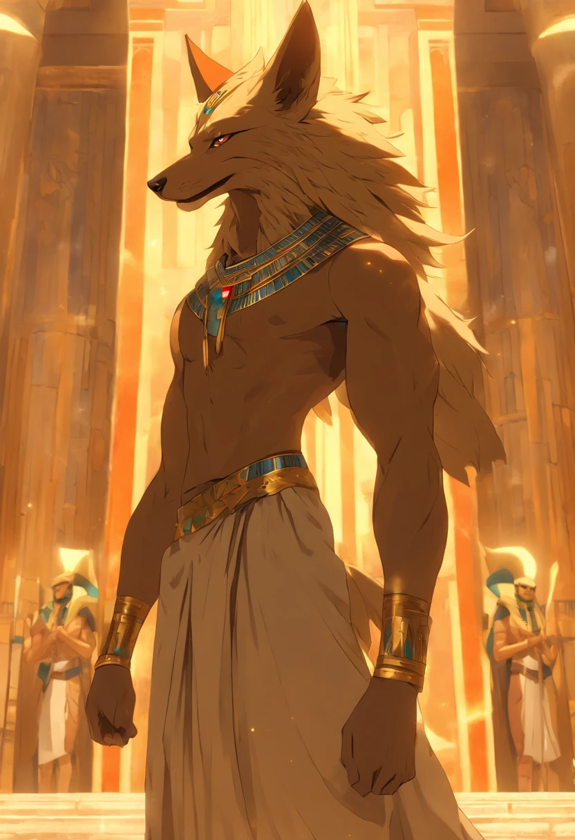 (((Man body and jackal head))) best quality, very high resolution, 4K detailed CG, masterpiece, Egyptian mythology, Anubis, sun in the background, Ancient Egypt, standing pose, jackal head, clothes white, Egyptian clothes, Egyptian temple, desert, Ancient Egypt, ((jackal head, man's body)), Egyptian palace, aesthetics, beautiful image, centered on screen, standing pose