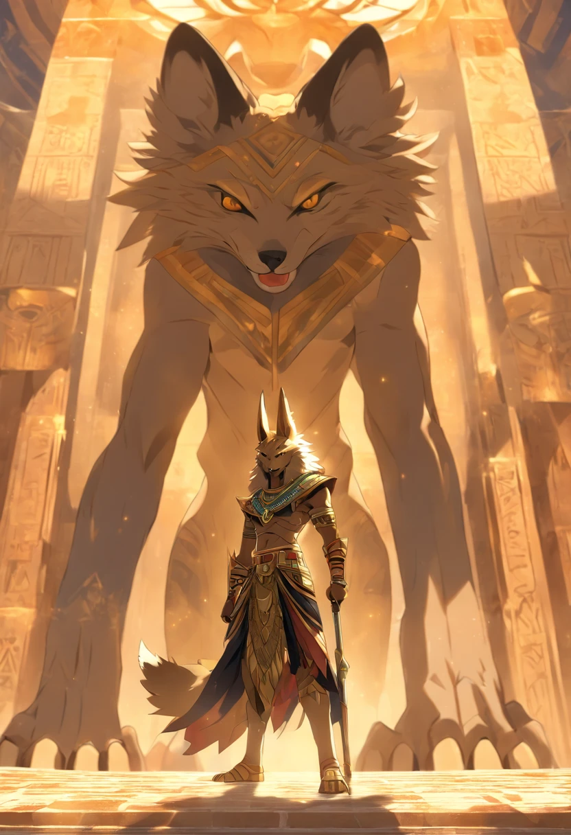 (((Man body and jackal head))) best quality, very high resolution, 4K detailed CG, masterpiece, Egyptian mythology, Anubis, sun in the background, Ancient Egypt, standing pose, jackal head, clothes white, Egyptian clothes, Egyptian temple, desert, Ancient Egypt, ((jackal head, man's body)), Egyptian palace, aesthetics, beautiful image, centered on screen, standing pose