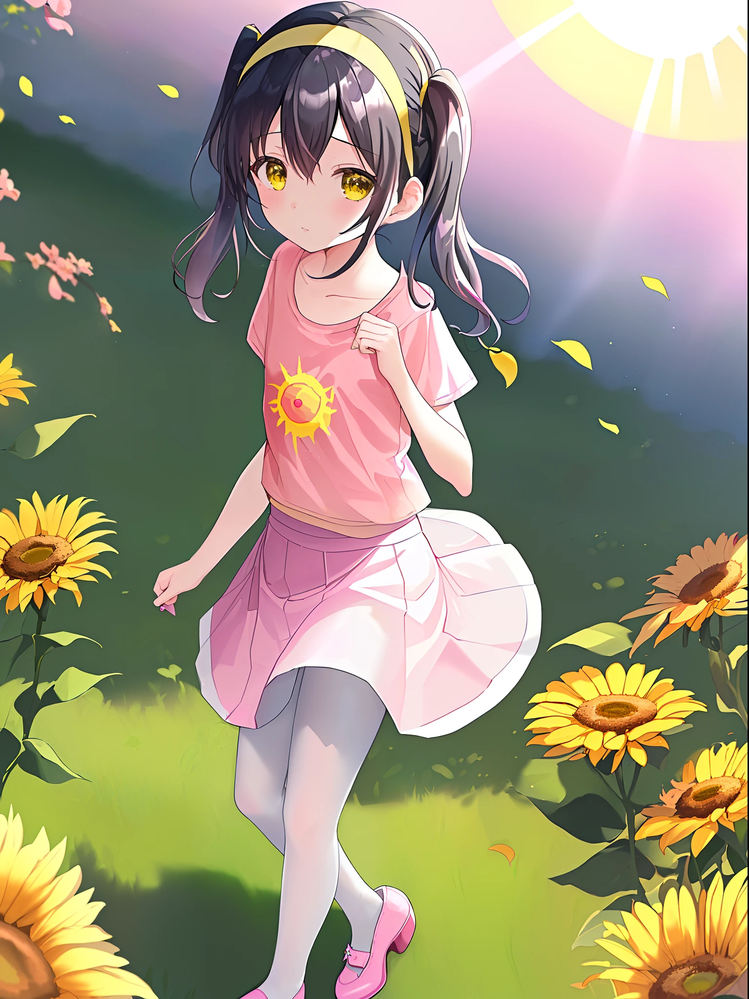 1 girl, solo, masterpiece, highres, ultra details, CG quality, (cute loli:1.3), (underaged:1.2), full body, (black hair:1.5), dark eyes, high quality eyes, high quality hands, (pigtails:1.3), short hair, (hairband:1.3), (flat chest:1.4), (pink T-shirt with a yellow sun at center:1.7), (pink skirt:1.6), (short skirt:1.3), (short sleeves:1.5), round collar, (white pantyhose:1.4), (pink mary jane shoes:1.3), field of cloth flowers, twilight, high quality background, depth of field
