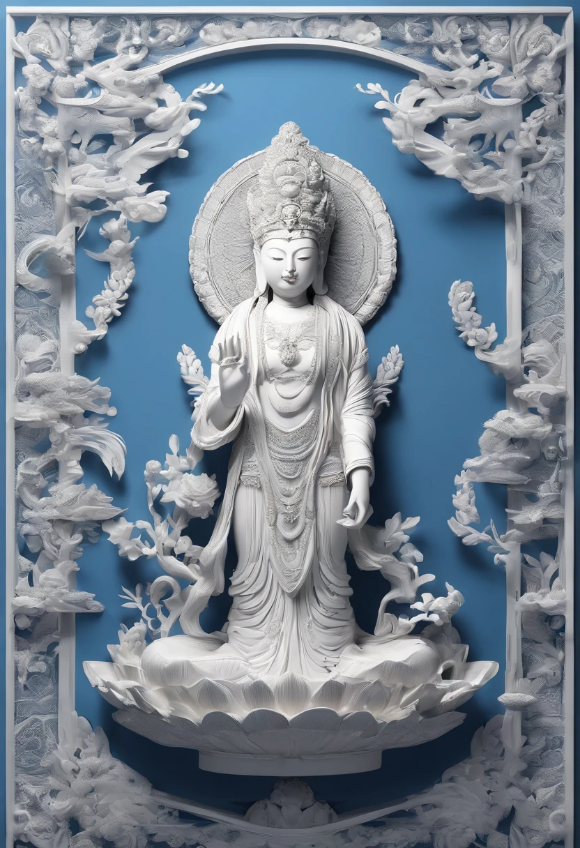 Blue and white porcelain,ceramics,Avalokitesvara,Full body like, anaglyph,artwork of a,Ornaments, high detail,3D, Chiaroscuro, Cinematic lighting, god light, Cinematic lighting, hyper HD, High details, Best quality, A high resolution, Textured skin