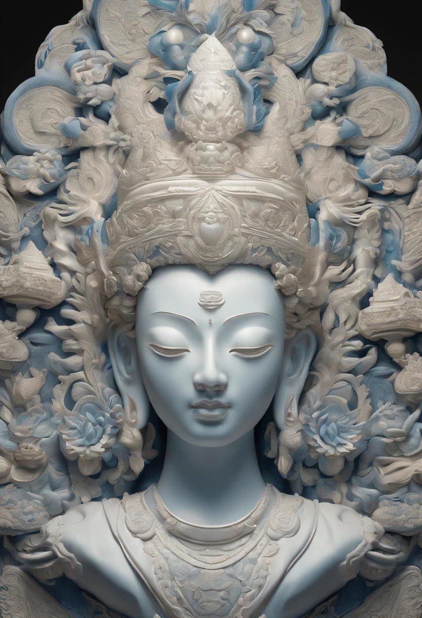 Blue and white porcelain,ceramics，Avalokitesvara，Full body like， anaglyph，artwork of a，Ornaments， high detail,3D， Chiaroscuro, Cinematic lighting, god light, Cinematic lighting, hyper HD, High details, Best quality, A high resolution, Textured skin