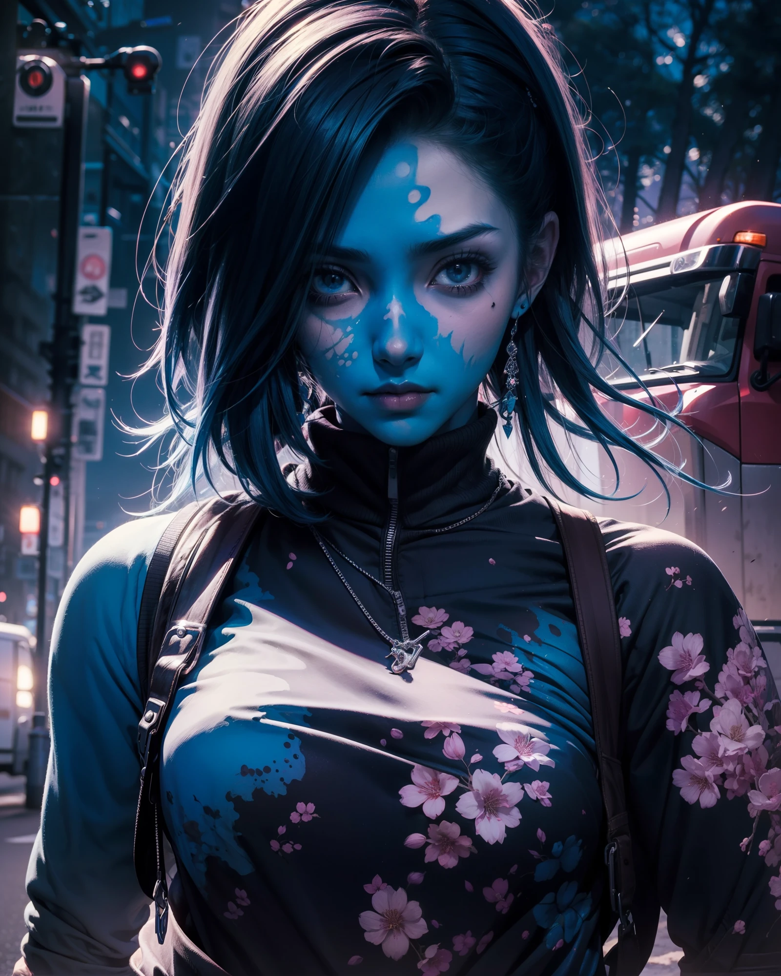 (masterpiece), (best quality), (ultra-detailed), sakura zombie, 1girl, zombie, blue skin, cowboy shot, outdoors, (truck:1.3), night