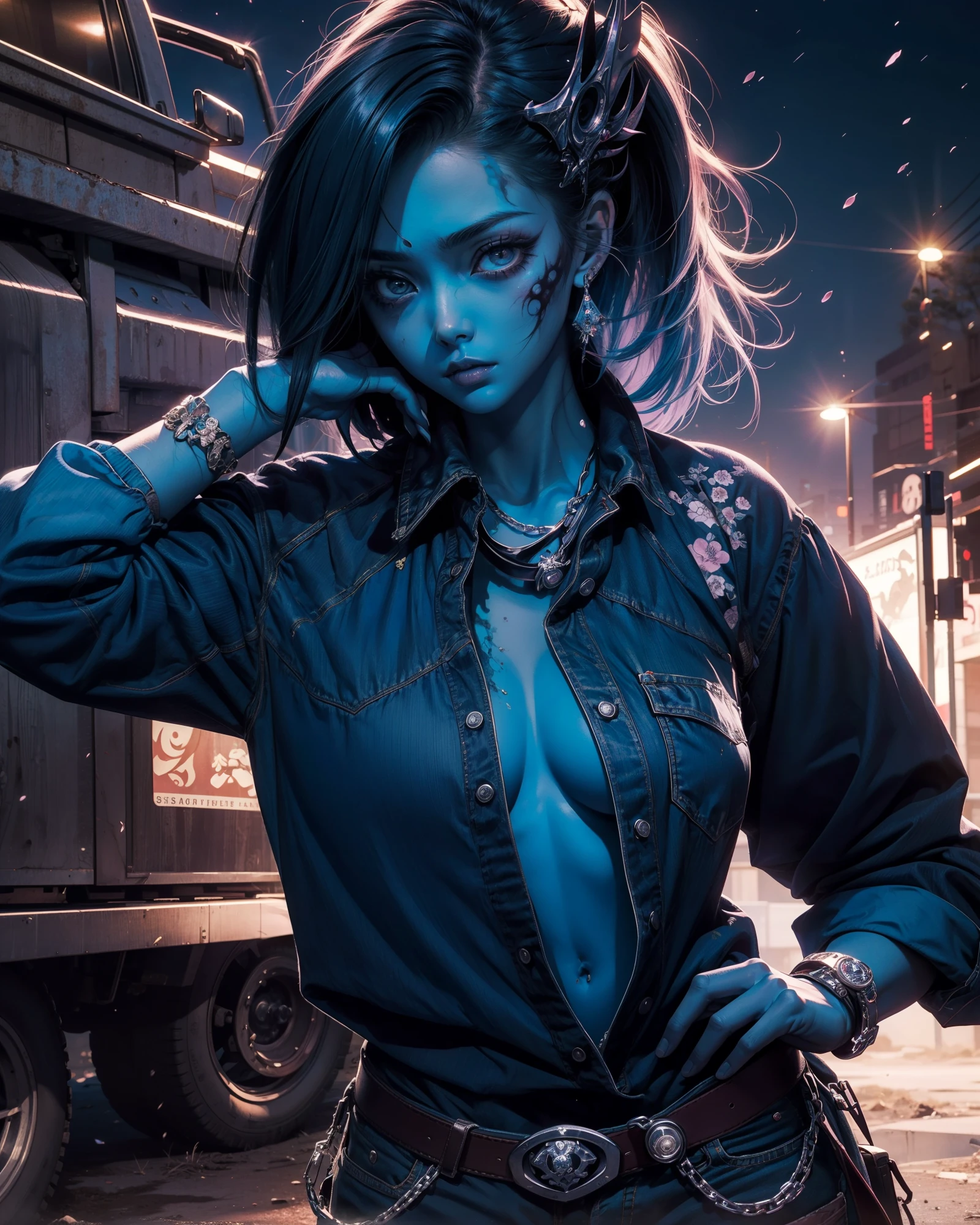 (masterpiece), (best quality), (ultra-detailed), sakura zombie, 1girl, zombie, blue skin, cowboy shot, outdoors, (truck:1.3), night
