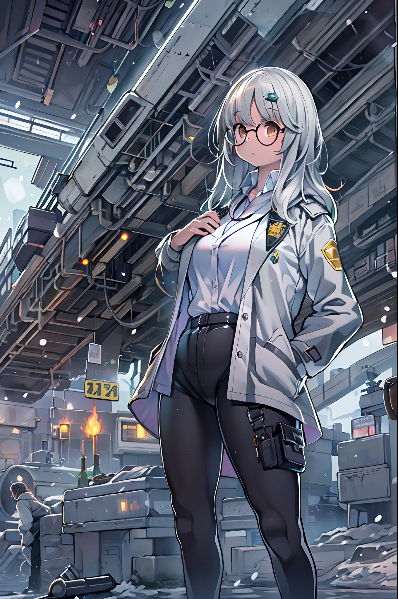 Science fiction,a science fiction film,cannons,Long-range missiles,Based on the Film Foundation ,Woman,,28 years old,Zito-order,Brown eyes,Long hairstyle,Unkempt hair、White-gray on black hair,Scientist uniform,White researcher coat,Open Meadow,Rebel,Chaotic,A futuristic world,Socialist world,Snow,lab room、stoop、big round glasses、with hands in pockets