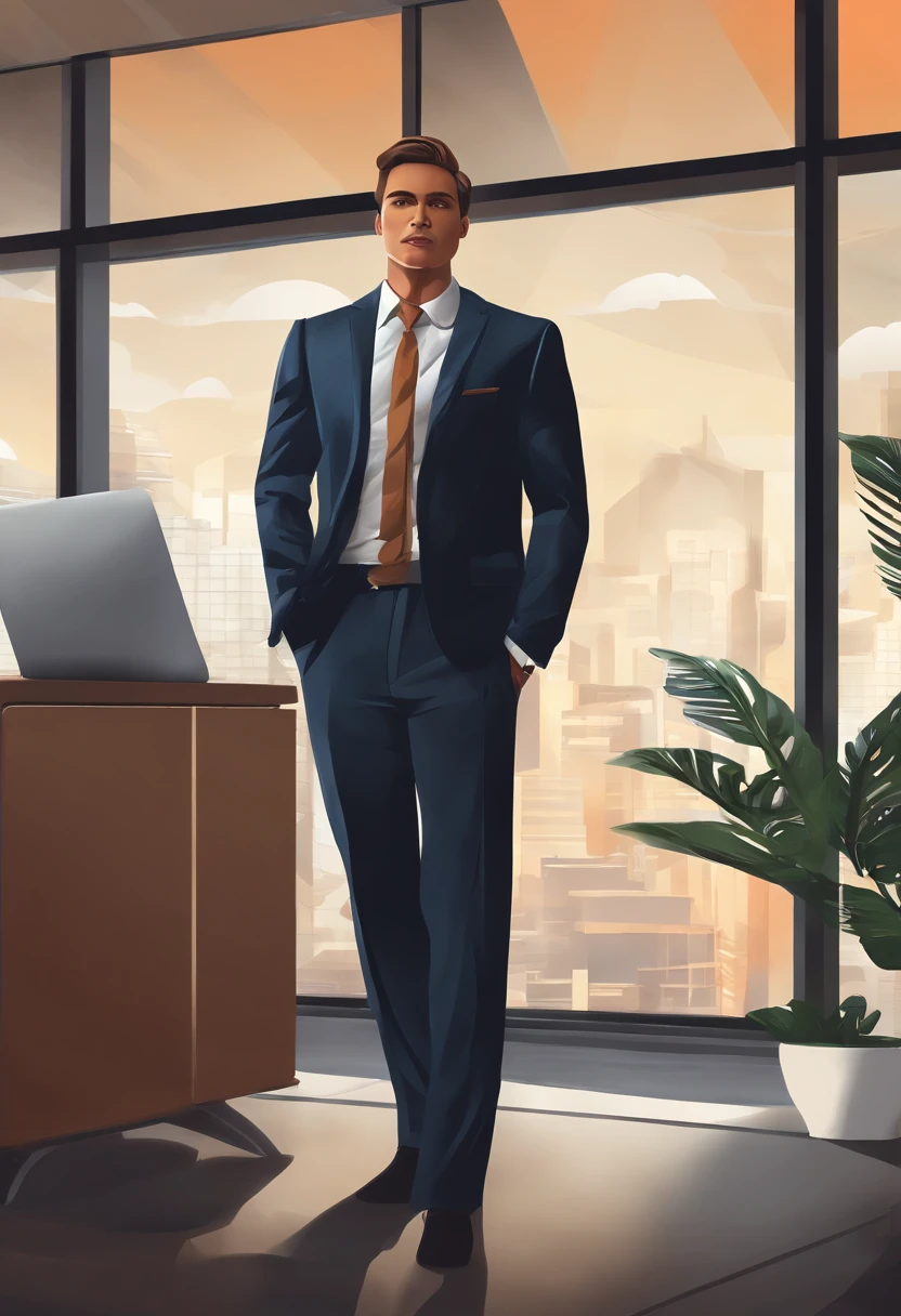 Show an image of a determined entrepreneur in a modern office, facing a series of setbacks and financial charts. The focus is on their unwavering commitment and resilience in the face of adversity. Cinematic Illustration, digital art with a strong emphasis on facial expression, --ar 16:9 --v 5