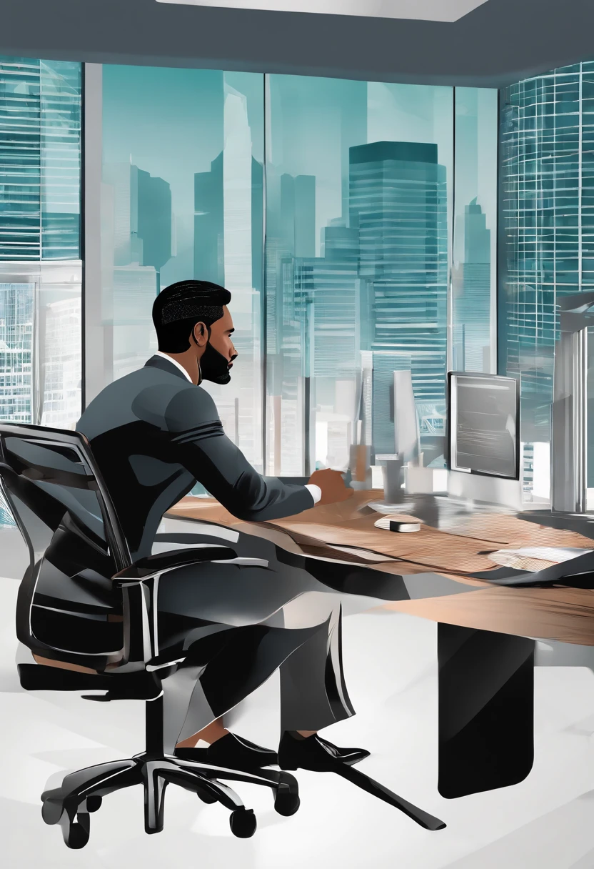 Show an image of a determined entrepreneur in a modern office, facing a series of setbacks and financial charts. The focus is on their unwavering commitment and resilience in the face of adversity. Cinematic Illustration, digital art with a strong emphasis on facial expression, --ar 16:9 --v 5