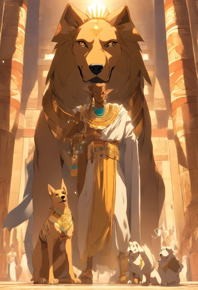 (((Man's body and dog's head))) best quality, very high resolution, 4K detailed CG, masterpiece, Egyptian mythology, Anubis, sun in the background, Ancient Egypt, standing pose, dog's head, clothes white, Egyptian clothes, Egyptian temple, desert, Ancient Egypt, ((dog's head, man's body)), Egyptian palace, aesthetics, beautiful image, centered on screen, standing pose
