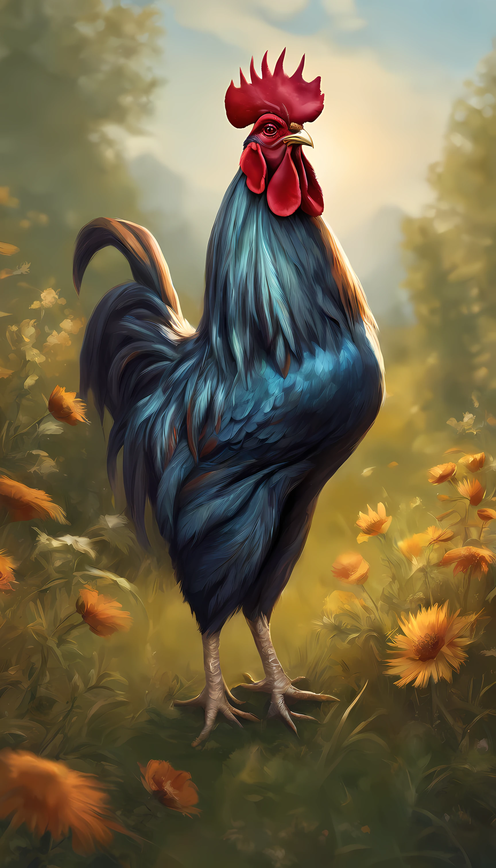 anthro rooster,The oil is smooth and shiny,shaggy,In the meadow,Sketch,ornate hair,majestic-looking