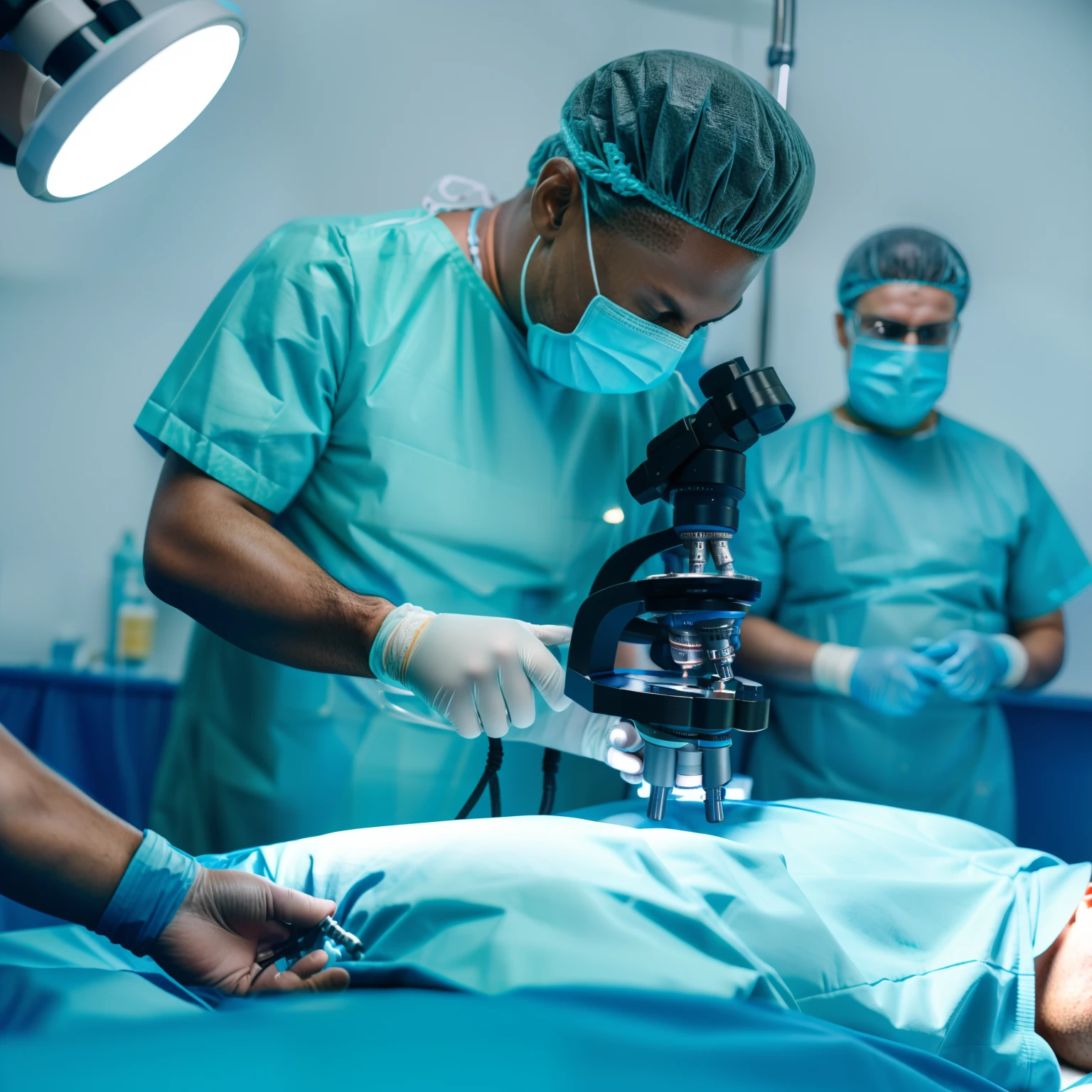 Aishwarya Rai as surgeon, wearing green scrubs, wearing surgical mask and skull cap, wearing surgical glasses, performing heart surgery on male patient, in operation theatre, fullbody view, cutting the chest,