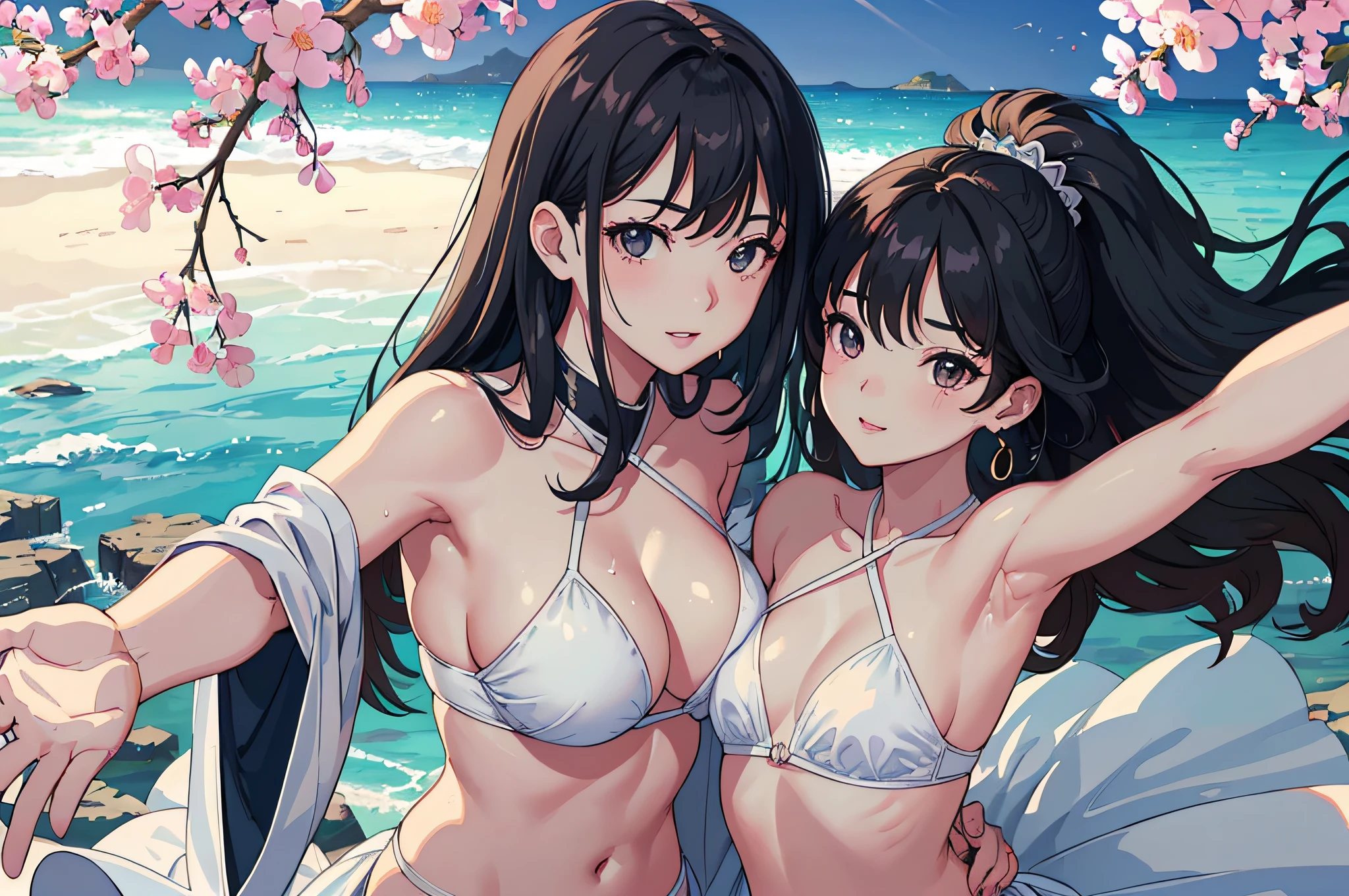 Selfie, 1girls, Black Hair, Black eyes, parted lips, Blush, Makeup, light smile, White bikini, beach, Sweat, wet, light rays, glow, thights, clavicle, narrow waist, (master-piece), wallpaper,Highlights in the eye、Look firmly at the camera..、((A very beautiful woman..、NSTDA.、Master Piece、Highest Standards、top-quality、highest image quality、High resolution images、Symmetrical beauty、Add strong highlights to the eyes..)), The breast is very large..、Breast Touch、Perfect angle、Acrobatic moves、(Professional quality、high-res)、Perfect contrast、perfect lighting、perfect composition、Flawless skin、perfect hands、perfect fingers、perfect breasts、Perfect Hair、perfect face、A masterpiece of realistic faces、Smile happily、Beautiful braces、Beautiful teeth、(Upper body bare..、I'm not wearing anything..、Nothing attached..、Broad-shouldered puppet、Tall figure、Long-legged models)、Make your female body more attractive..、Twist your sexy body.、The crotch is thick and wide open..、Very beautiful sexy woman、shaved、Give your face a little natural light..、Beautiful small navel、(Beautiful summer sky background too..、Beautiful sky backgrounds)、age is 18 years old,