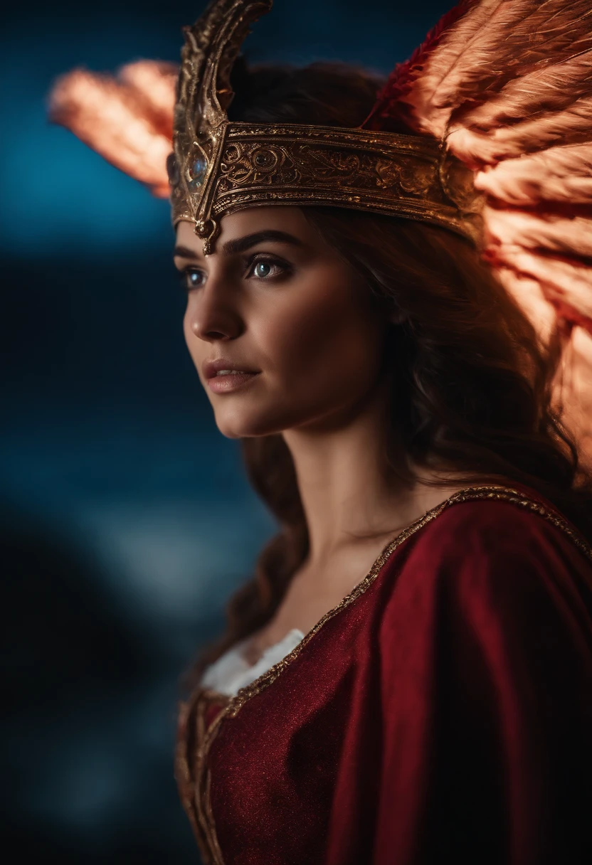 Uma adolescente de longos cabelos brancos e olhos azuis, wearing her Crimson sorceress costume while using her powers flying over the dark sky.