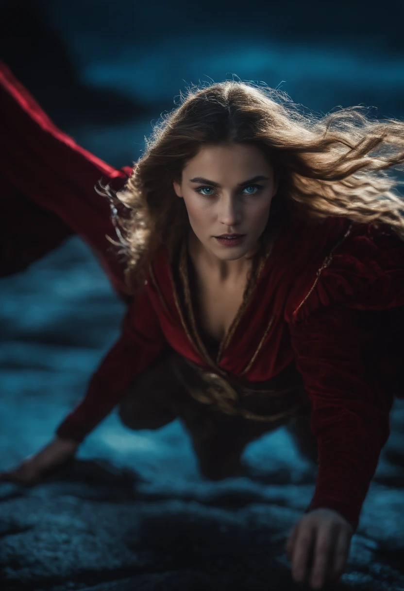 Uma adolescente de longos cabelos brancos e olhos azuis, wearing her Crimson sorceress costume while using her powers flying over the dark sky.
