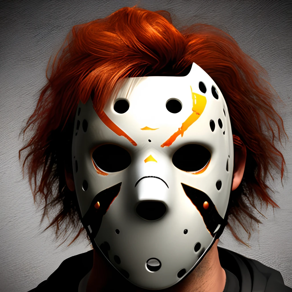 Orange haired male with white tactical gear, friday the 13th mask