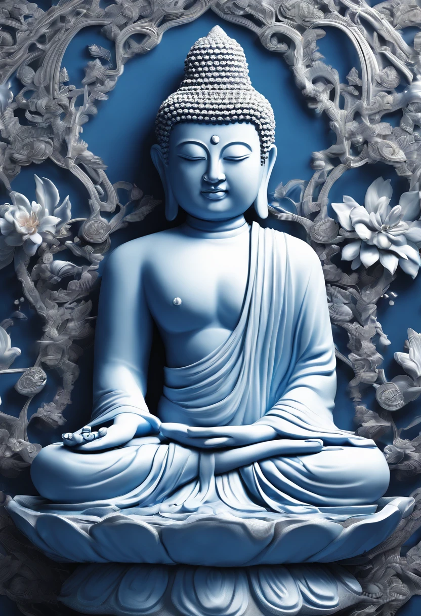 Blue and white porcelain,ceramics,Maitreya Buddha, anaglyph,solid,artwork of a,Ornaments, high detail,3D, Chiaroscuro, Cinematic lighting, god light, Cinematic lighting, hyper HD, High details, Best quality, A high resolution, Textured skin