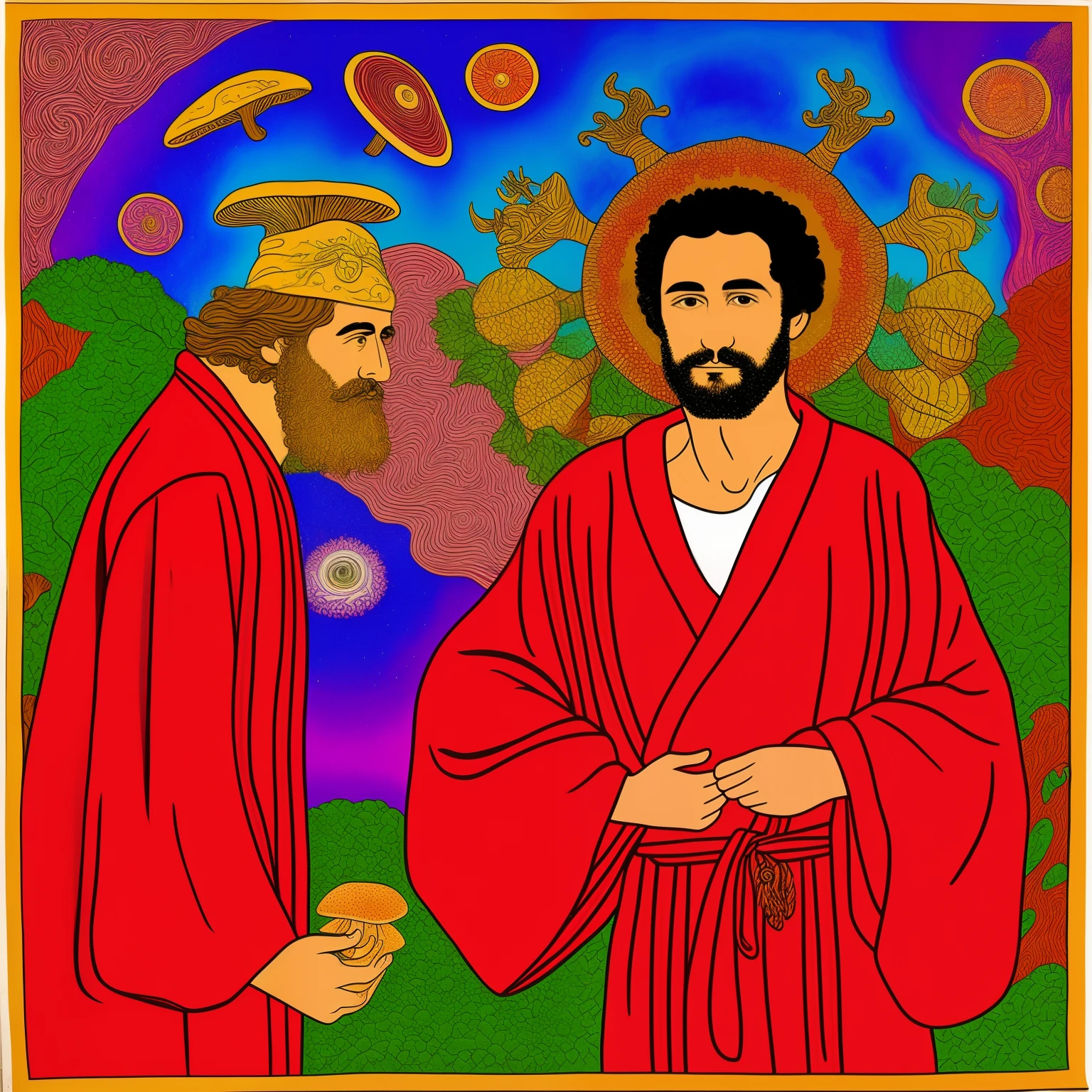 Greek man in red robe as mushroom god psychedelic