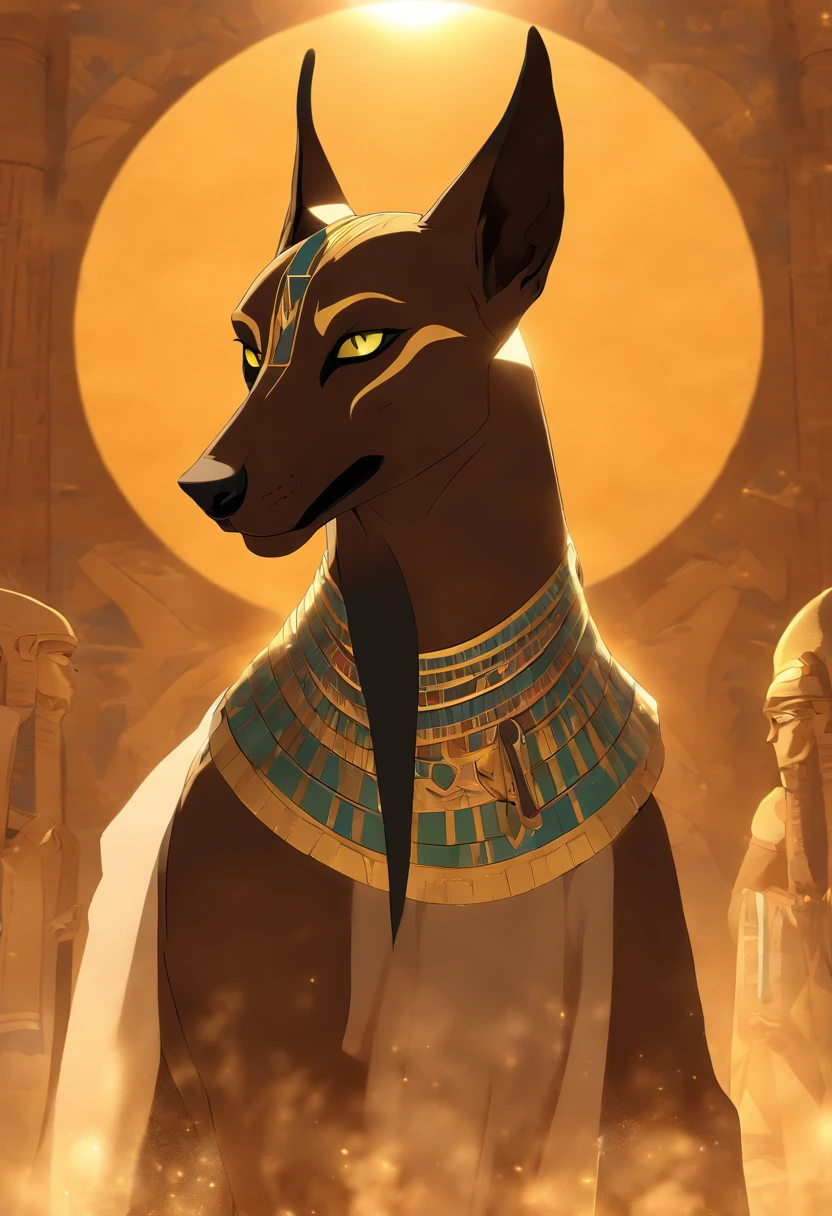 (((Anubis))) best quality, very high resolution, 4K detailed CG, masterpiece, Egyptian mythology, Anubis, sun in the background, Ancient Egypt, standing pose, dog head, white clothes, Egyptian clothes, temple Egyptian, desert, Ancient Egypt, ((dog's head, man's body)), Egyptian palace, aesthetics, beautiful image, centered on screen, standing pose