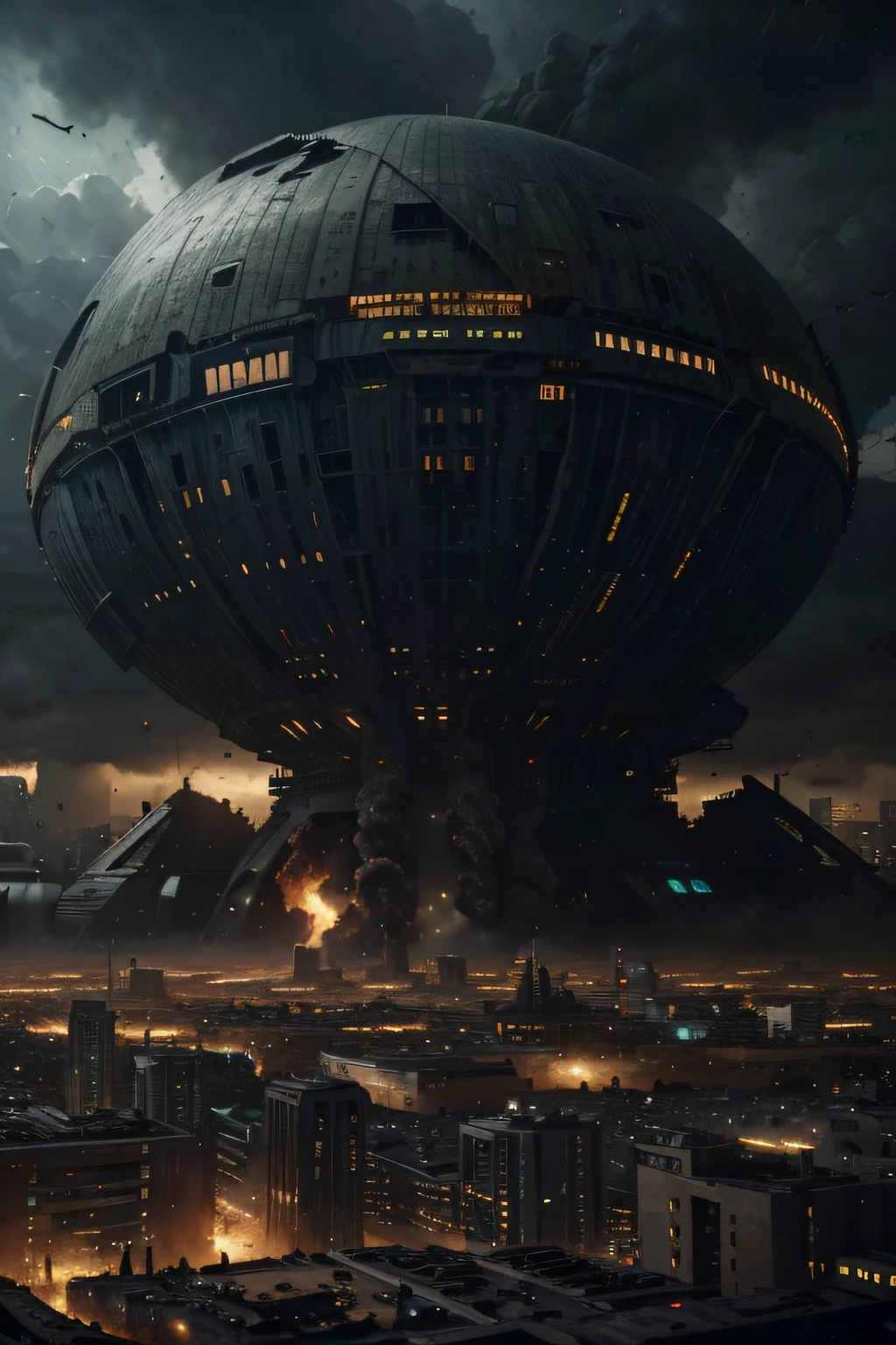 (4k, ultra detailed, oil painting), a dying city, science fiction, dystopian city with huge metropolitan buildings, no humans around, everything is in ruins, deadly whispers, abandoned place, mysterious aura, a huge storm above the city, gray and black colors, hidden secrets, ((science fiction))