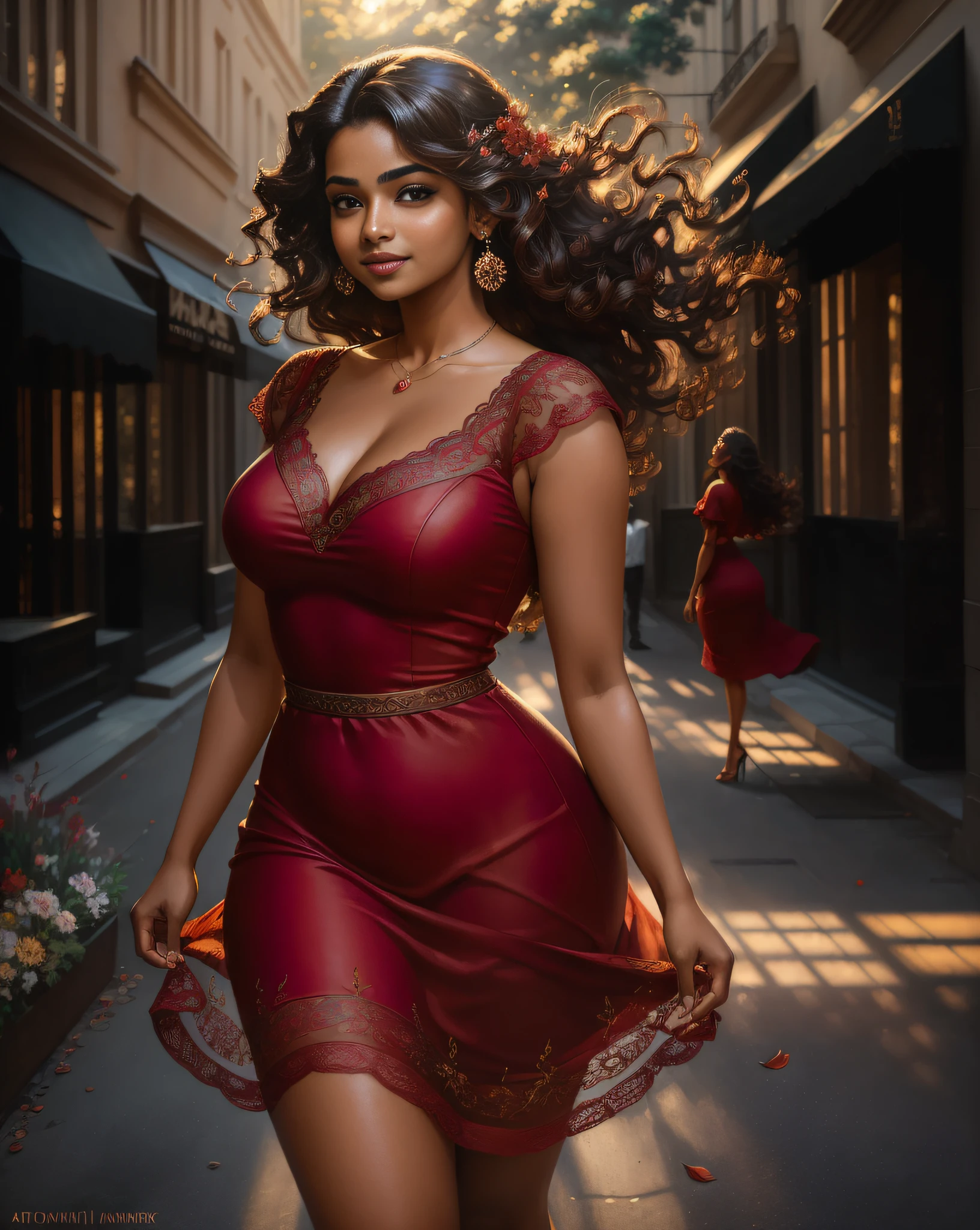 (masterpiece portrait photography:1.4) of a (solo:1.2) alluring sexy curvy tall supermodel Anupama Parmeshwaran, dancing on street, wearing beautiful (sexy red minidress:1.3), romantic paris Street, heels, (big flowing hair with highlights), (detailed intricate face) (flower in hair), vivacious, lustful glance, exhilarated (beautiful detailed eyes:1.1) , (seductive smile:1.3) intense dramatic lighting, falling leaves and flowers bokeh, backlit, light rays, highly detailed, trending on artstation, paint splashes, rich colour, wind all around, abstract portrait, by Ron hicks