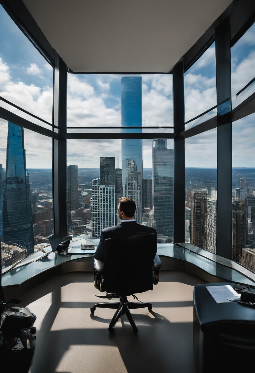 Show a panoramic image of a successful CEO overlooking a bustling city from their high-rise office. The view symbolizes their rise to the top and the path to corporate success. Cinematic Photography, wide-angle lens, cityscape as a backdrop, --ar 16:9 --v 5