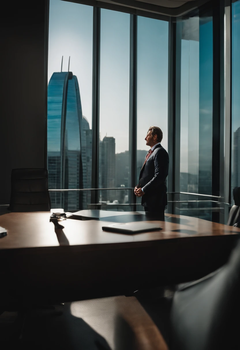 Show a panoramic image of a successful CEO overlooking a bustling city from their high-rise office. The view symbolizes their rise to the top and the path to corporate success. Cinematic Photography, wide-angle lens, cityscape as a backdrop, --ar 16:9 --v 5