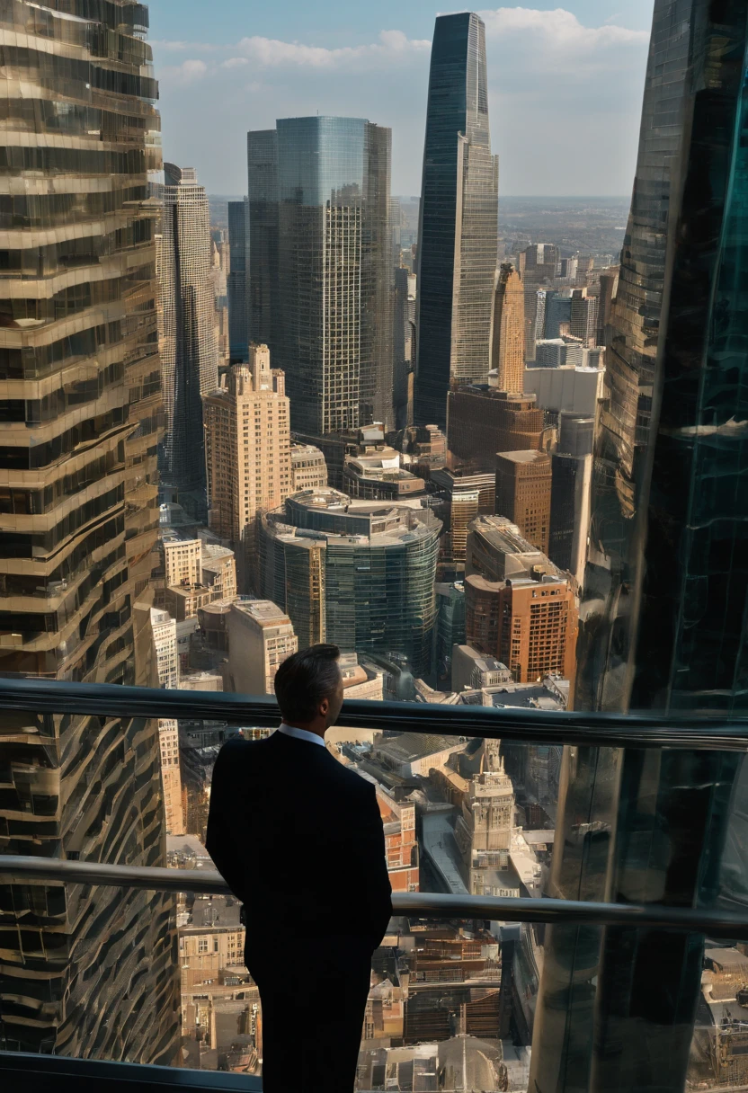 Show a panoramic image of a successful CEO overlooking a bustling city from their high-rise office. The view symbolizes their rise to the top and the path to corporate success. Cinematic Photography, wide-angle lens, cityscape as a backdrop, --ar 16:9 --v 5