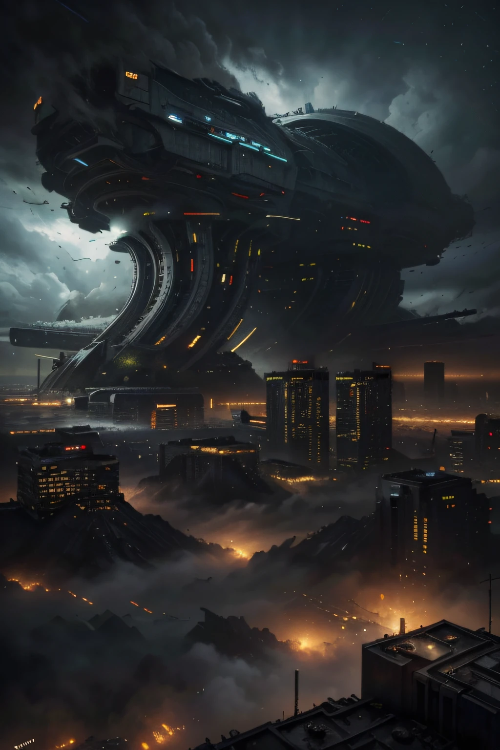 (4k, ultra detailed, oil painting), a dying city, science fiction, dystopian city with huge metropolitan buildings, no humans around, everything is in ruins, deadly whispers, abandoned place, mysterious aura, a huge storm above the city, gray and black colors, hidden secrets, ((science fiction))