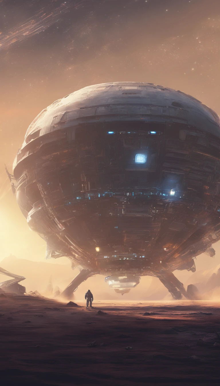 Unidentified spacecraft、bblurry, The astronauts looked curious, Harvest light, realistic detail, scientific fiction, Ultra HD |