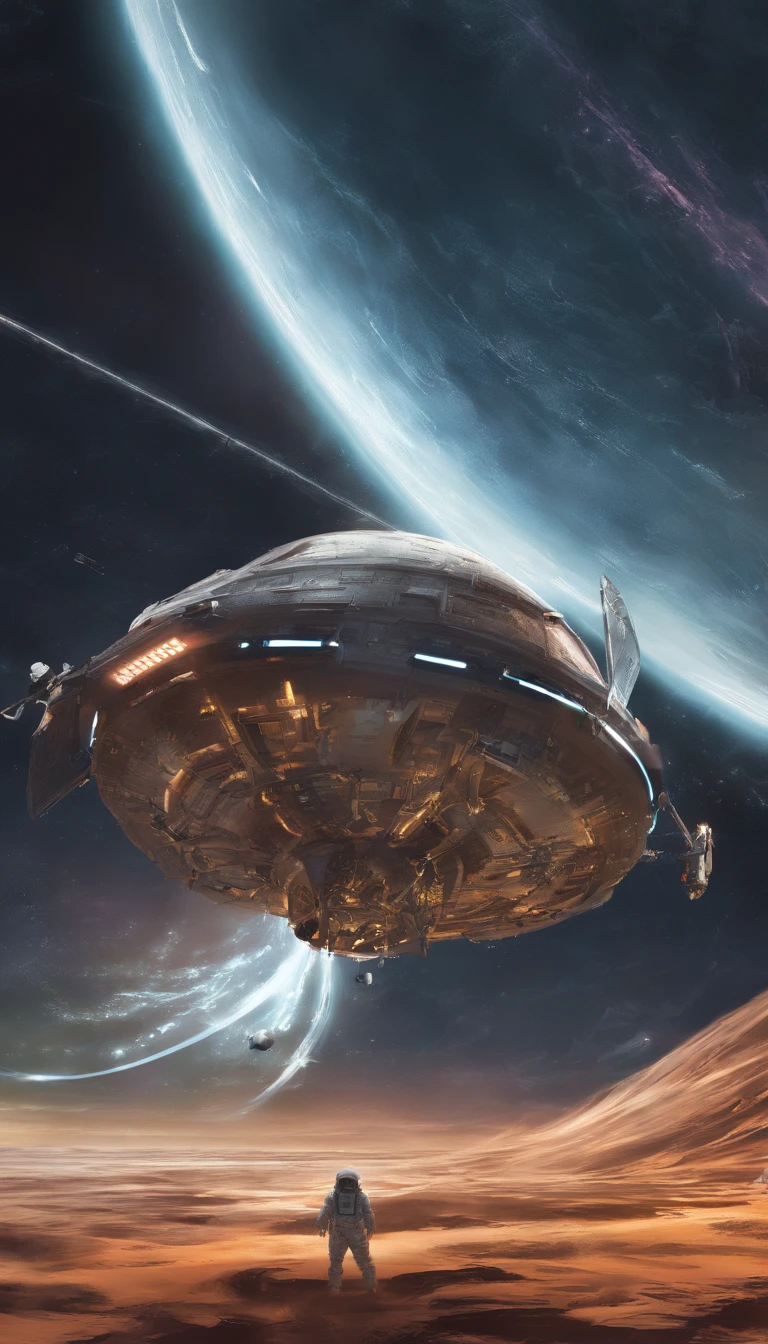 Unidentified spacecraft、bblurry, The astronauts looked curious, Harvest light, realistic detail, scientific fiction, Ultra HD |