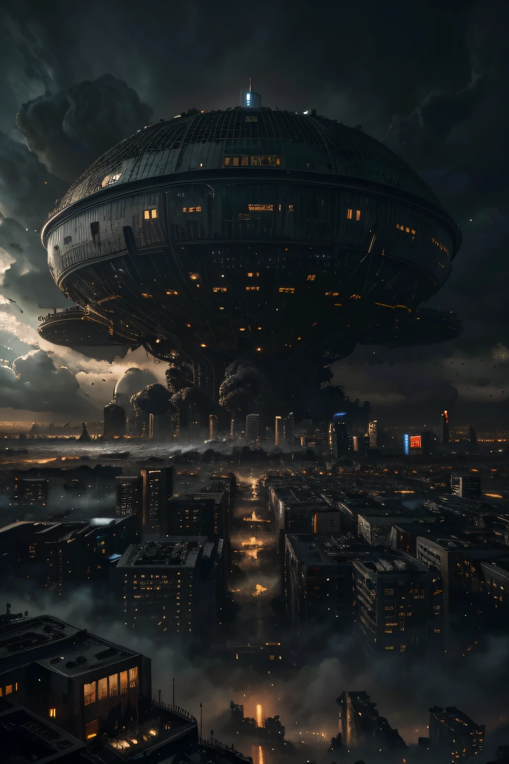 (4k, ultra detailed, oil painting), a dying city, science fiction, dystopian city with huge metropolitan buildings, no humans around, everything is in ruins, deadly whispers, abandoned place, mysterious aura, a huge storm above the city, gray and black colors, hidden secrets, ((science fiction))