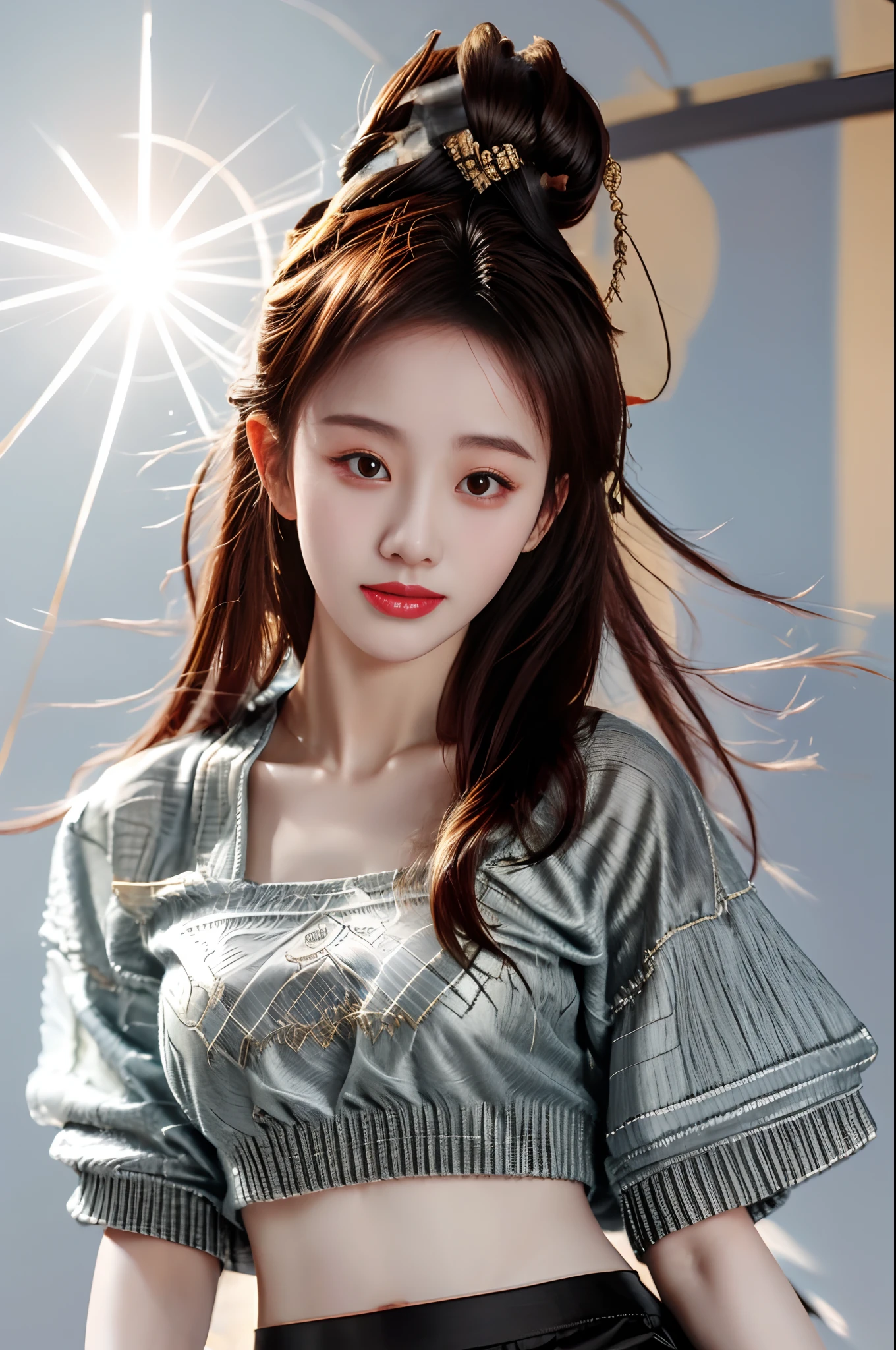 tmasterpiece, Best quality at best, 1girll, from below, underboobs, mediuml breasts, short skirt, Collared shirt sweater,Crop tops, brunette color hair, 黑The eye,Chinese woman,Bottom-up perspective,streetview,rays of sunshine,