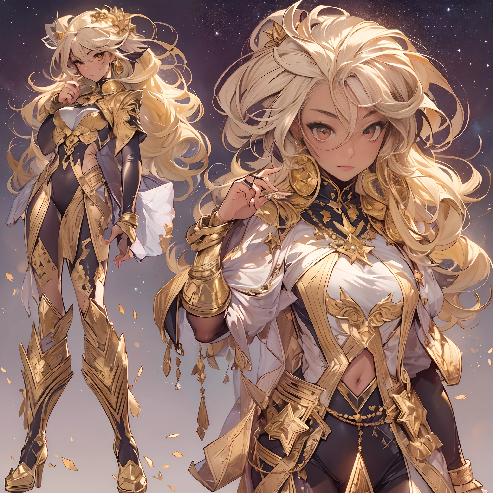 ((Masterpiece, Highest quality)), Detailed face, CharacterDesignSheet， full bodyesbian, Full of details, Multiple poses and expressions, Highly detailed, Depth, Many parts，Beautiful female singer，golden colored，Goji，Starry sky clouds，Extremely beautiful，brightly，Natural light，Poetic decoration