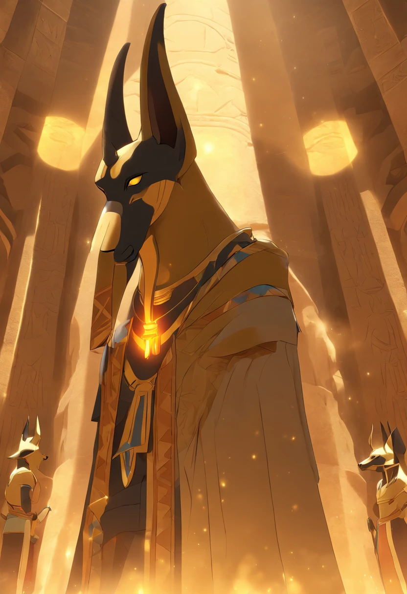 (((Anubis))) best quality, very high resolution, 4K detailed CG, masterpiece, Egyptian mythology, Anubis, sun in the background, Ancient Egypt, standing pose, dog head, white clothes, Egyptian clothes, temple Egyptian, desert, Ancient Egypt, ((dog's head, man's body)), Egyptian palace, aesthetics, beautiful image, centered on screen, standing pose