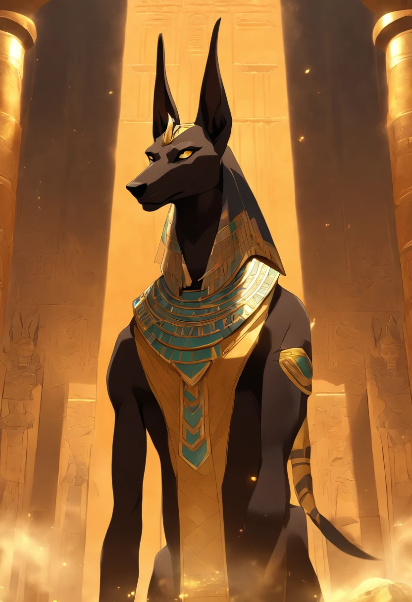 (((Anubis))) best quality, very high resolution, 4K detailed CG, masterpiece, Egyptian mythology, Anubis, sun in the background, Ancient Egypt, standing pose, dog head, white clothes, Egyptian clothes, temple Egyptian, desert, Ancient Egypt, ((dog's head, man's body)), Egyptian palace, aesthetics, beautiful image, centered on screen, standing pose