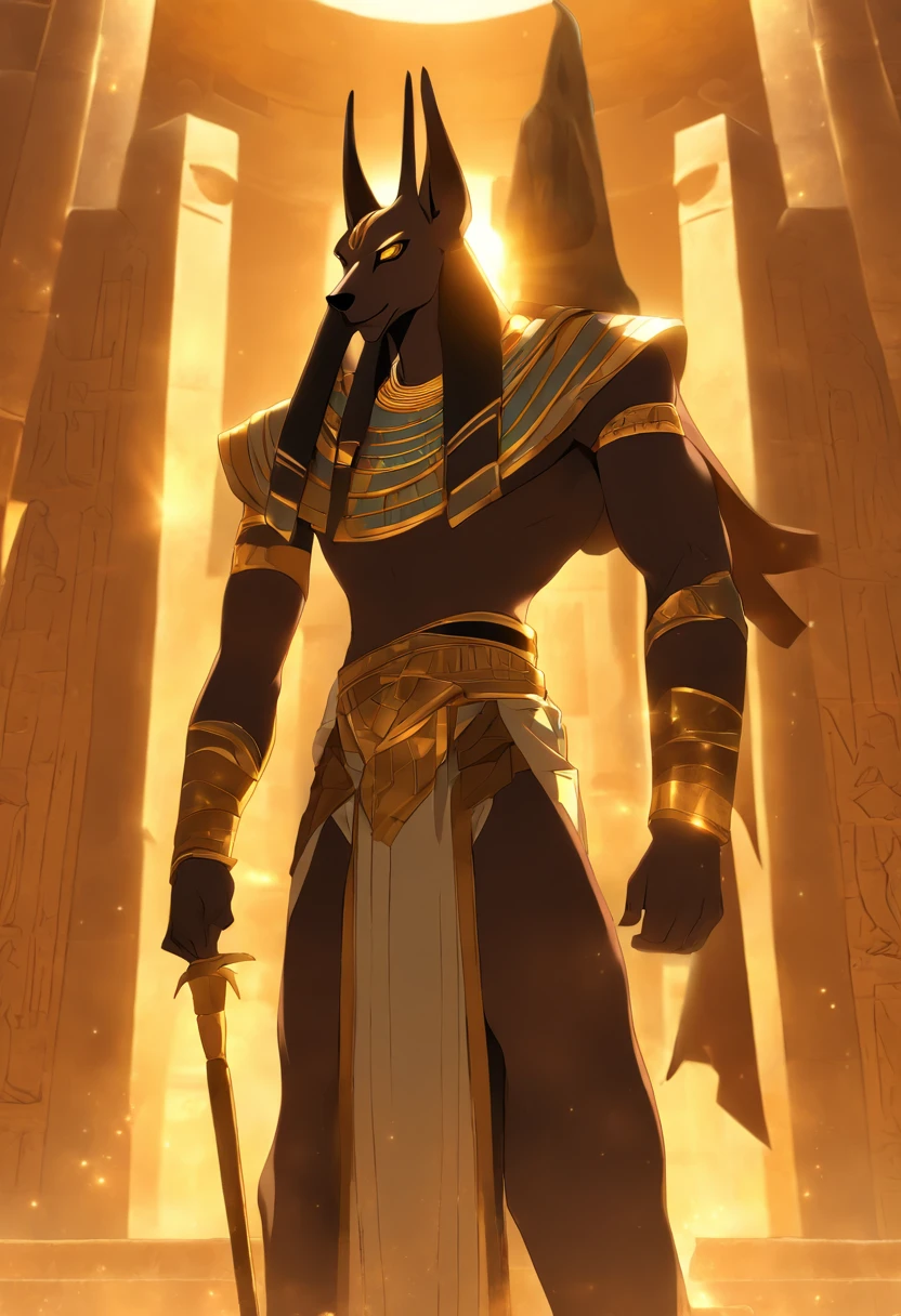 (((Anubis))) best quality, very high resolution, 4K detailed CG, masterpiece, Egyptian mythology, Anubis, sun in the background, Ancient Egypt, standing pose, dog head, white clothes, Egyptian clothes, temple Egyptian, desert, Ancient Egypt, ((dog's head, man's body)), Egyptian palace, aesthetics, beautiful image, centered on screen, standing pose