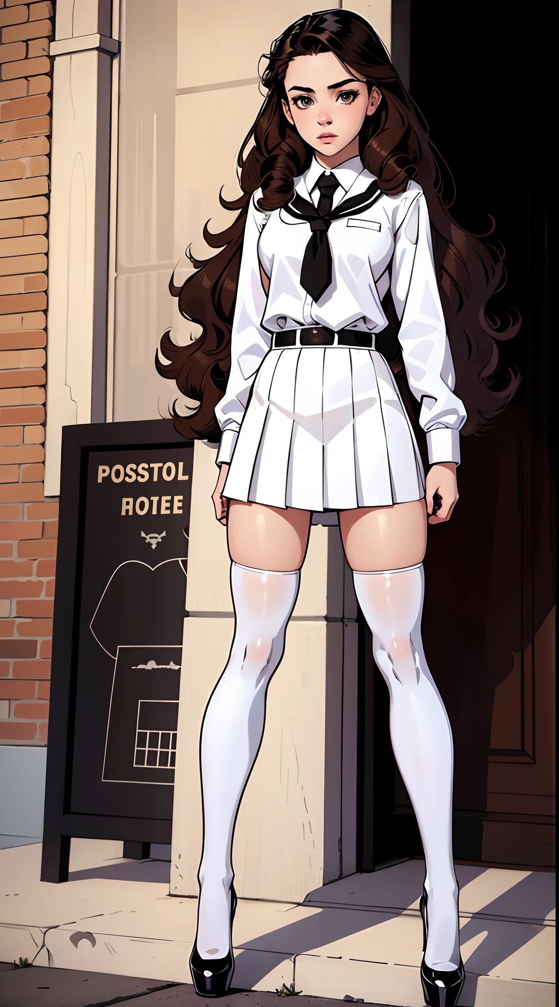 teenage girl, tomboy, long curly brown hair, hazel eyes, pale skin, caucasian, school uniform, white thighhigh socks, black high heels, best quality, highly detailed, portrait, full body, comicbook style