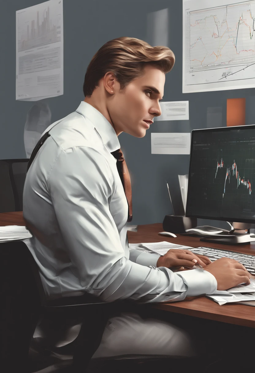 Show an image of a determined entrepreneur in a modern office, facing a series of setbacks and financial charts. The focus is on their unwavering commitment and resilience in the face of adversity. Cinematic Illustration, digital art with a strong emphasis on facial expression, --ar 16:9 --v 5