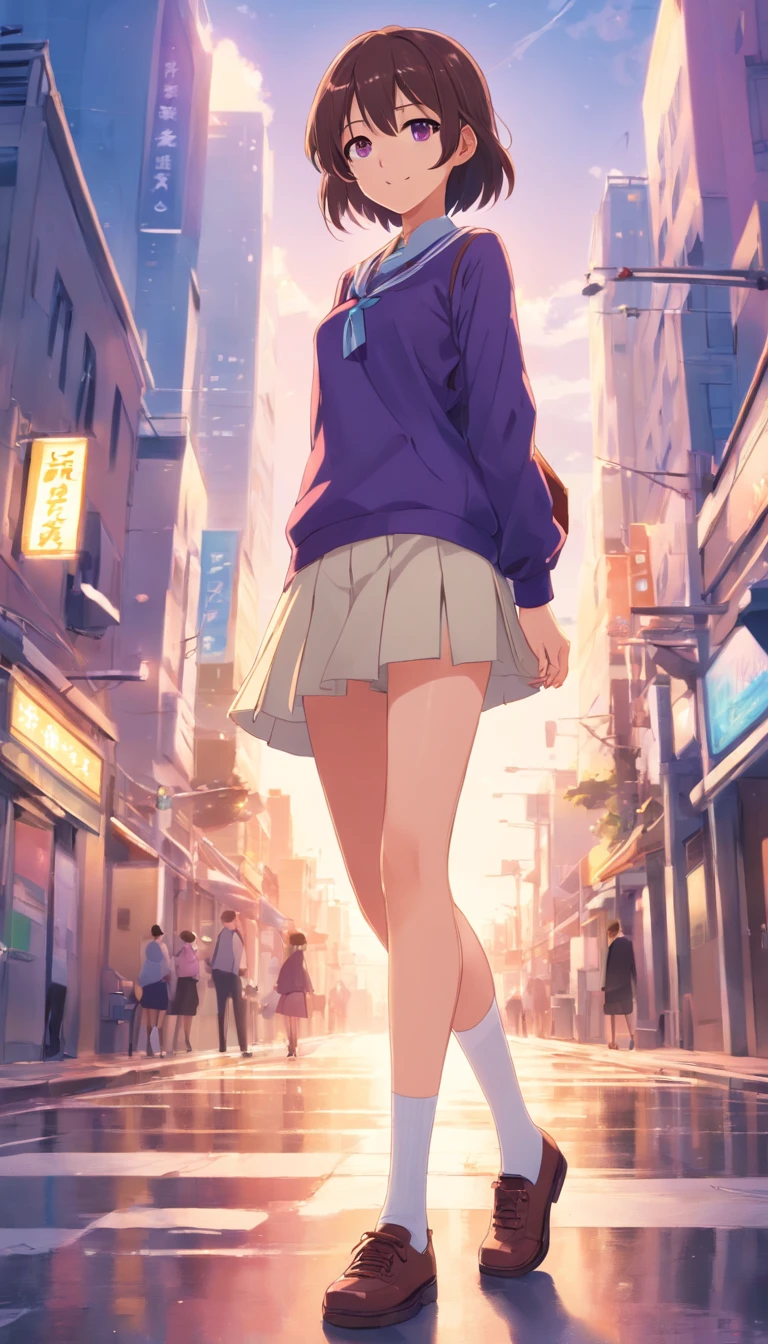 best qualtiy， tmasterpiece， 超高分辨率， realisticlying， 1 girl， Gorgeous Hair in Long Purple，Purple eye，Tall and tall， JK school uniform，long white socks，Short cream white skirt，Bring your knees together and your feet apart，ssmile