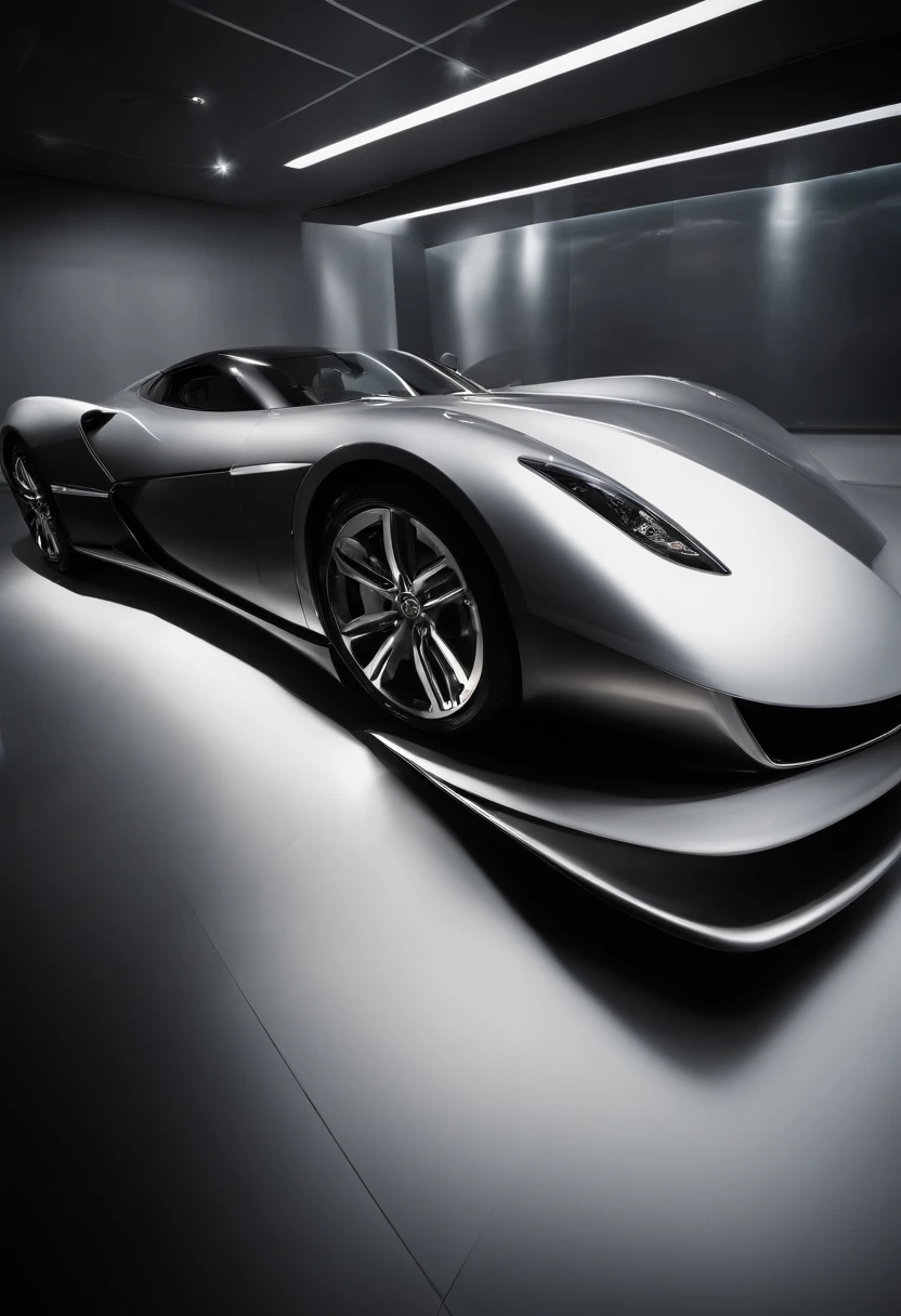 Capture a sleek and luxurious sports car in a pristine showroom, with elegant lighting highlighting its curves and features. Emphasize the idea that success can be symbolized by achieving the dream of owning a high-end automobile. Cinematic Photography, studio lighting for a dramatic effect, --ar 16:9 --v 5