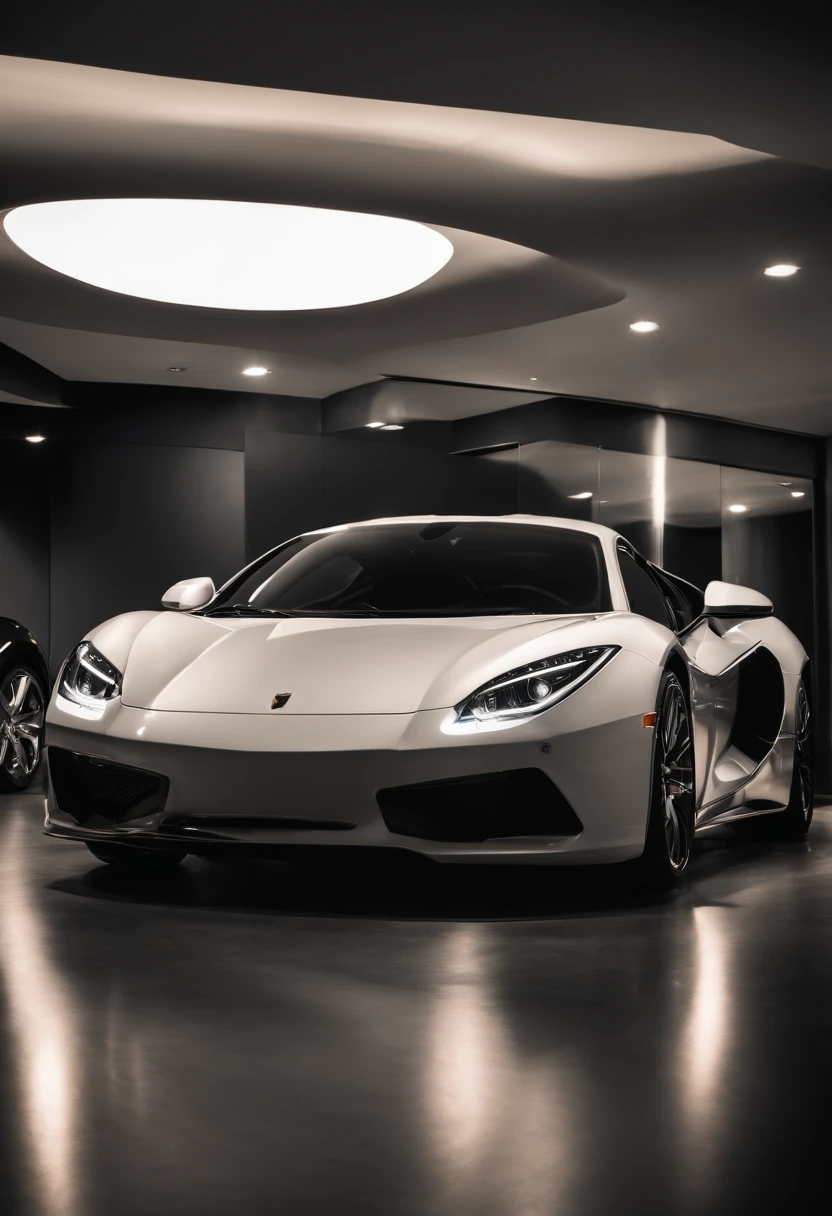 Capture a sleek and luxurious sports car in a pristine showroom, with elegant lighting highlighting its curves and features. Emphasize the idea that success can be symbolized by achieving the dream of owning a high-end automobile. Cinematic Photography, studio lighting for a dramatic effect, --ar 16:9 --v 5
