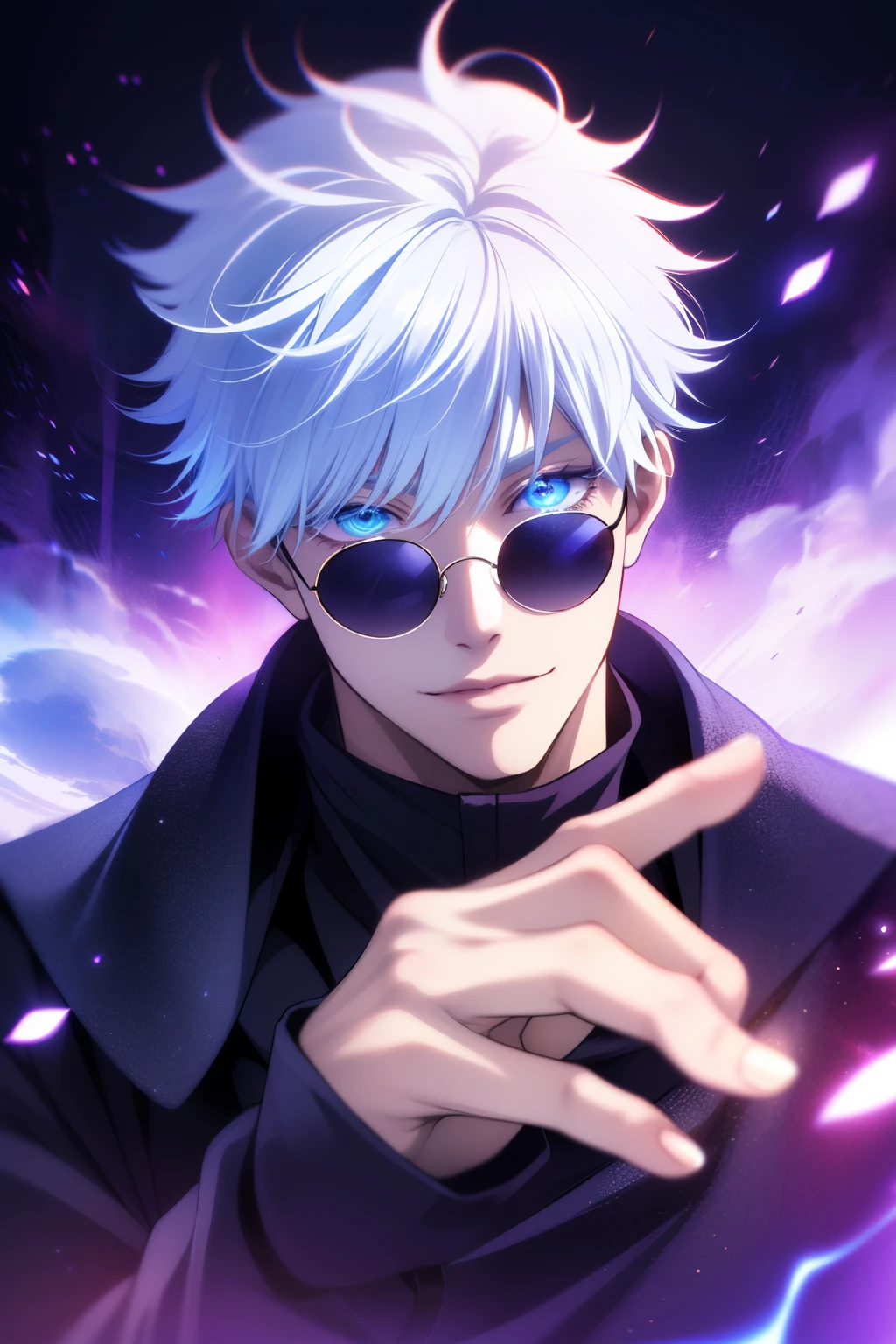 ((High detail、Cinematic lighting))、Messy white hair、aquamarine Eyes、White eyelashes、god light、Ray tracing、shadowing、Optical illusion、The upper part of the body、Looking at the camera、Masterpiece、((Super detail、Best quality、8K))、jujutsu kaisen、Gojo Gojo、Black attire、The surgery begins、Perfect black background、serene look、formidable presence、Enigmatic Atmosphere、(Strange moonshine、Ominous Shadows、 Intense Blue Aura、 Rich red halo、Symbolizes the power around him、Radiating Magical Energy、Mystical Artifacts、Ether-like granules、dynamicposes、epic soundtrack、(((The detailed hand)))、sunglass
