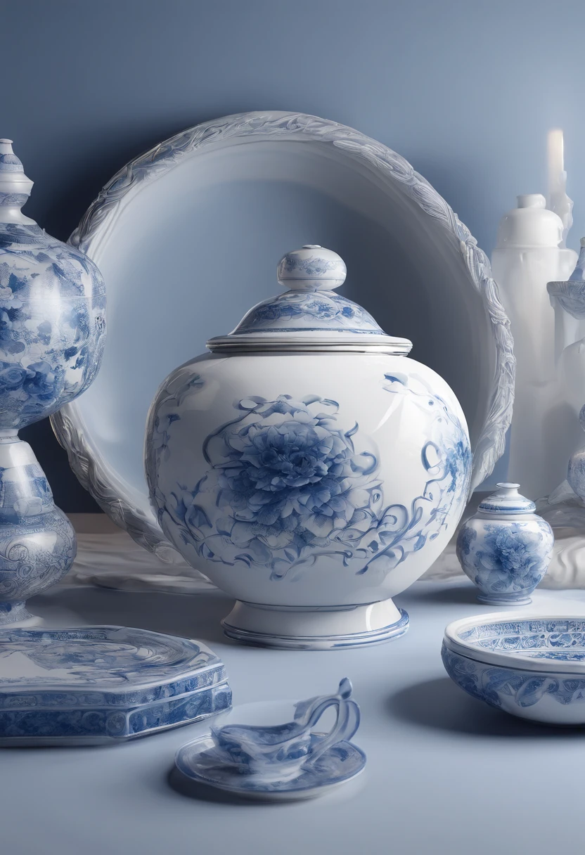 Blue and white porcelain,ceramics,keyboards,artwork of a,Ornaments, high detail,3D, Chiaroscuro, Cinematic lighting, god light, Cinematic lighting, hyper HD, High details, Best quality, A high resolution, Textured skin